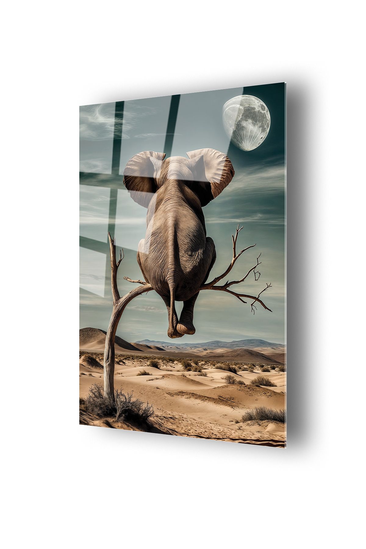 no77decor Sürrealist Ağaç Üzeri Fil Cam Tablo