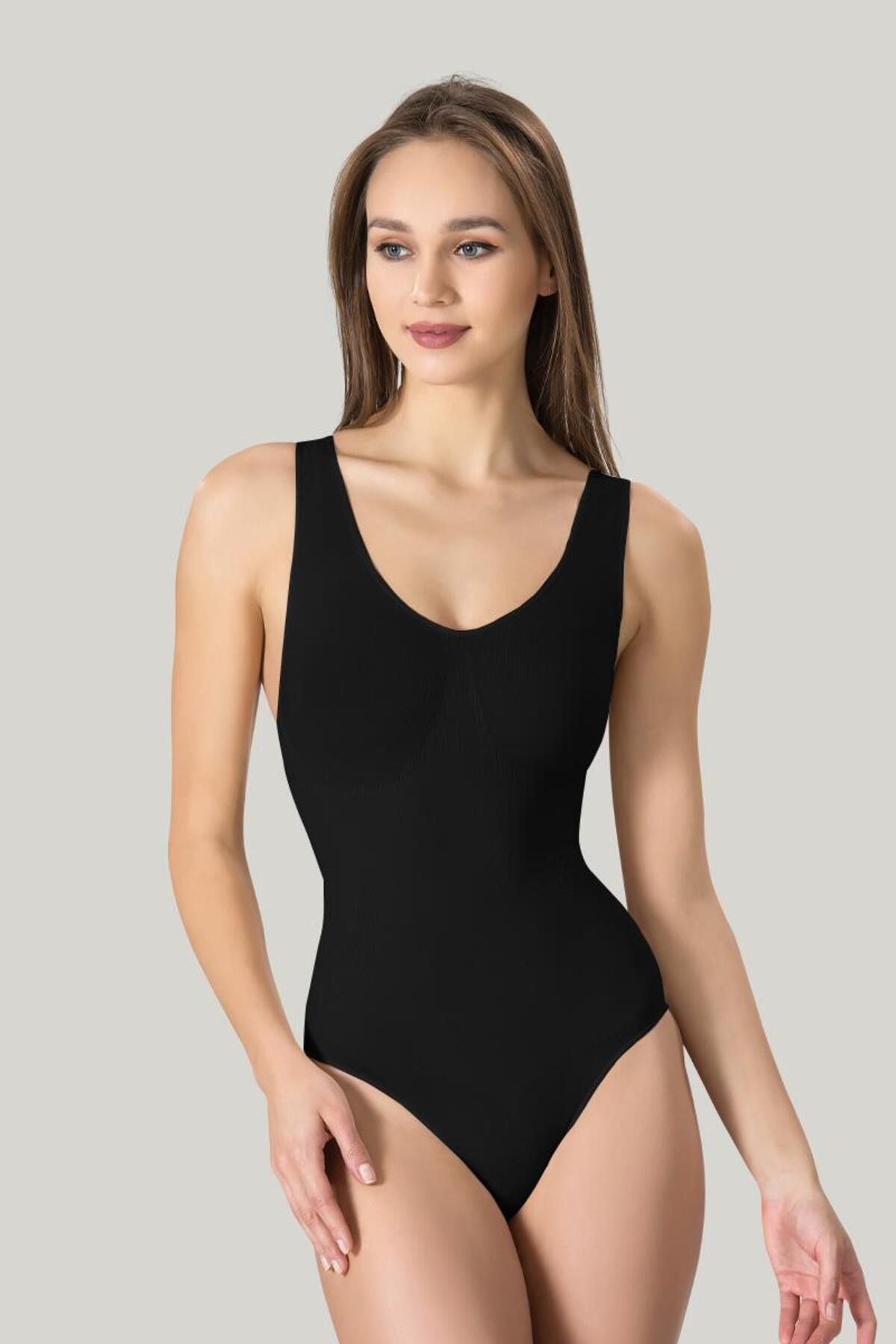 tavsanclo Kadın Kalın Askılı Siyah Korse Body