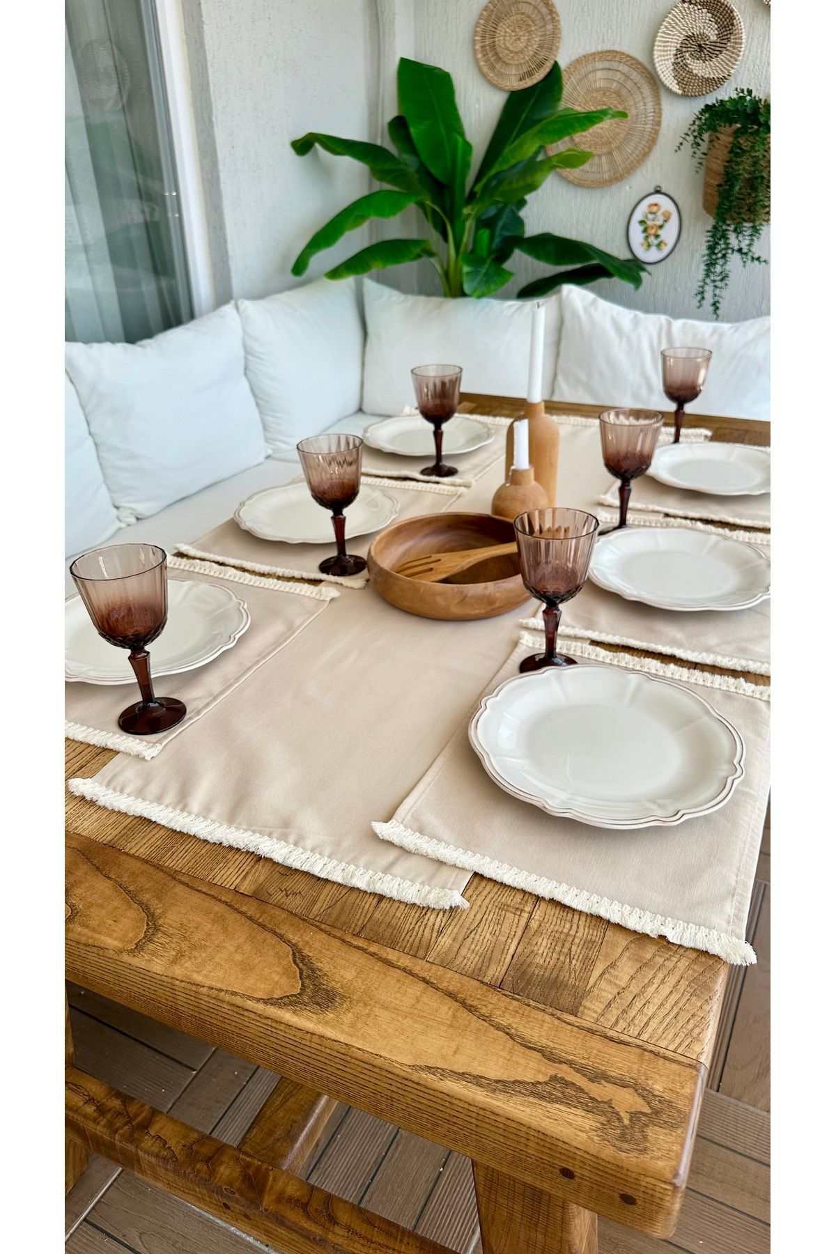 Decamor home 7 parça 6 kişilik Püsküllü Bej Amerikan Set
