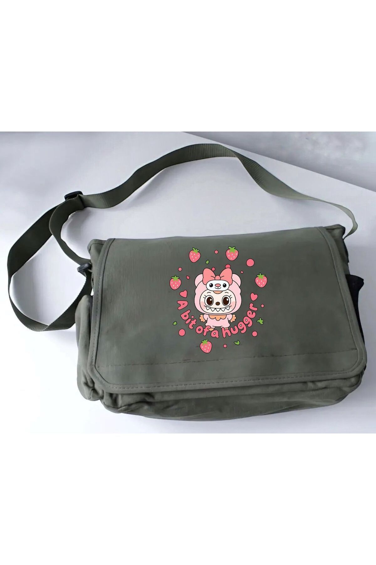 DEEFWEAR Haki Labubu Cute A Bit Of Baskılı Okul , Kurs , Dershane Postacı Çantası