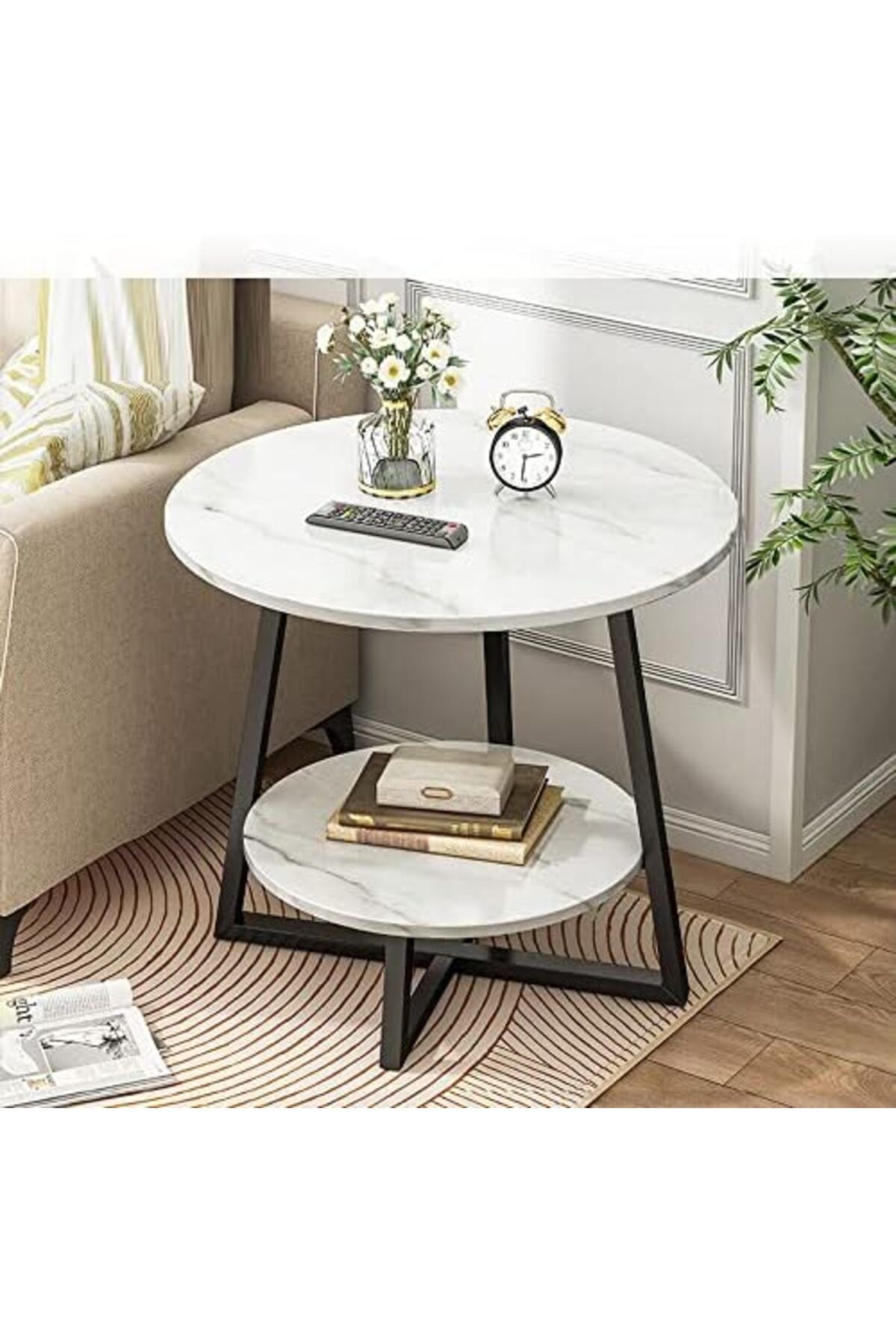 Generic-Round Coffee Table, Double Layer Sofa Side Table End Table, Imitation Marble Coffee Round Table Snac 2