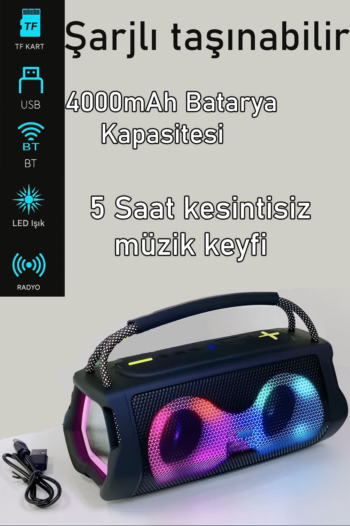 nextbuy Şarjlı Bluetooth Hoparlör Parti Hoparlörü Işıklı Ses Bombası Kamp Aux,Usb,Sd Kart Radyo Siyah ET313