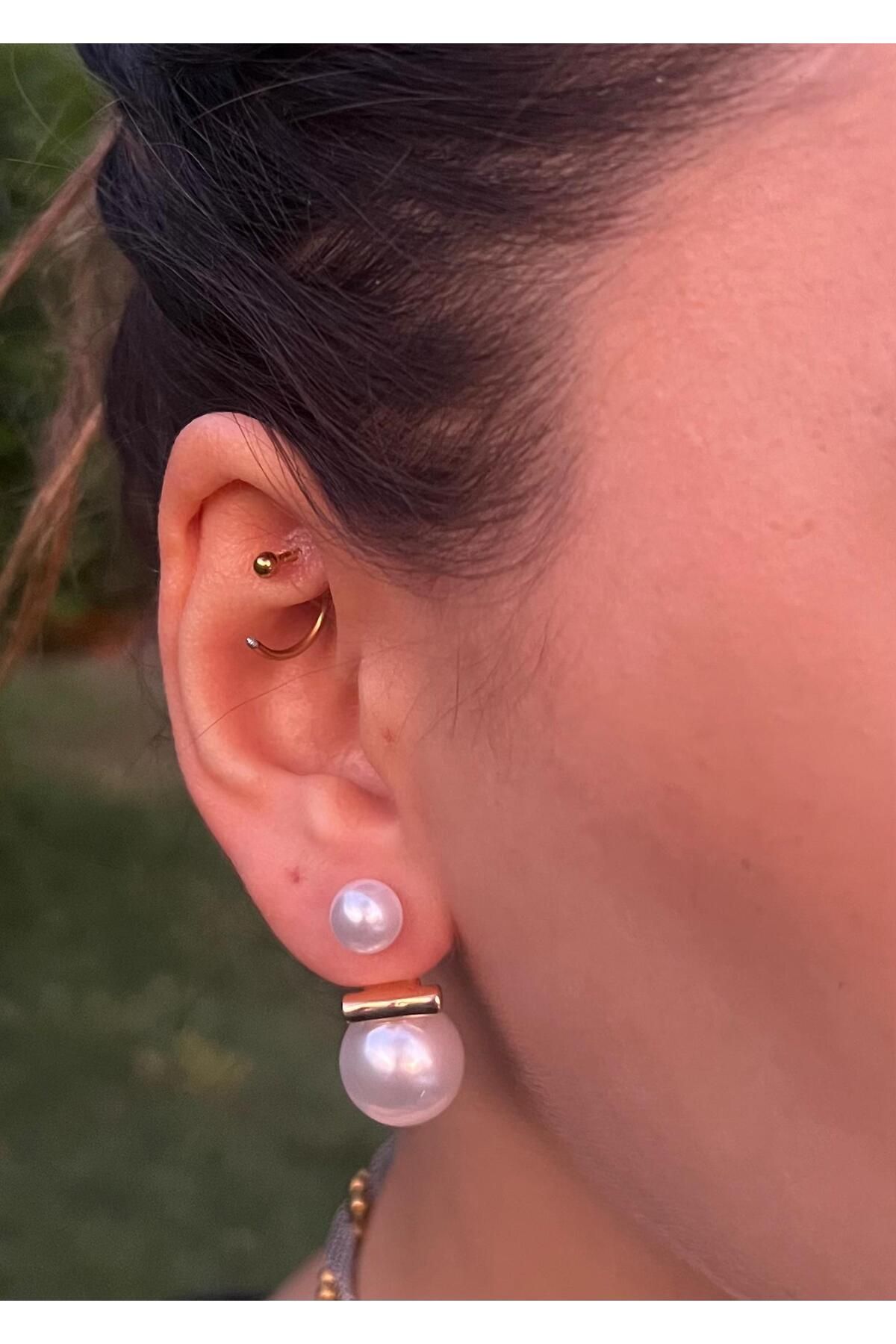 Glowy&Co. Duo Pearl İncili Minimal Altın Rengi Kararmaz Çelik Küpe