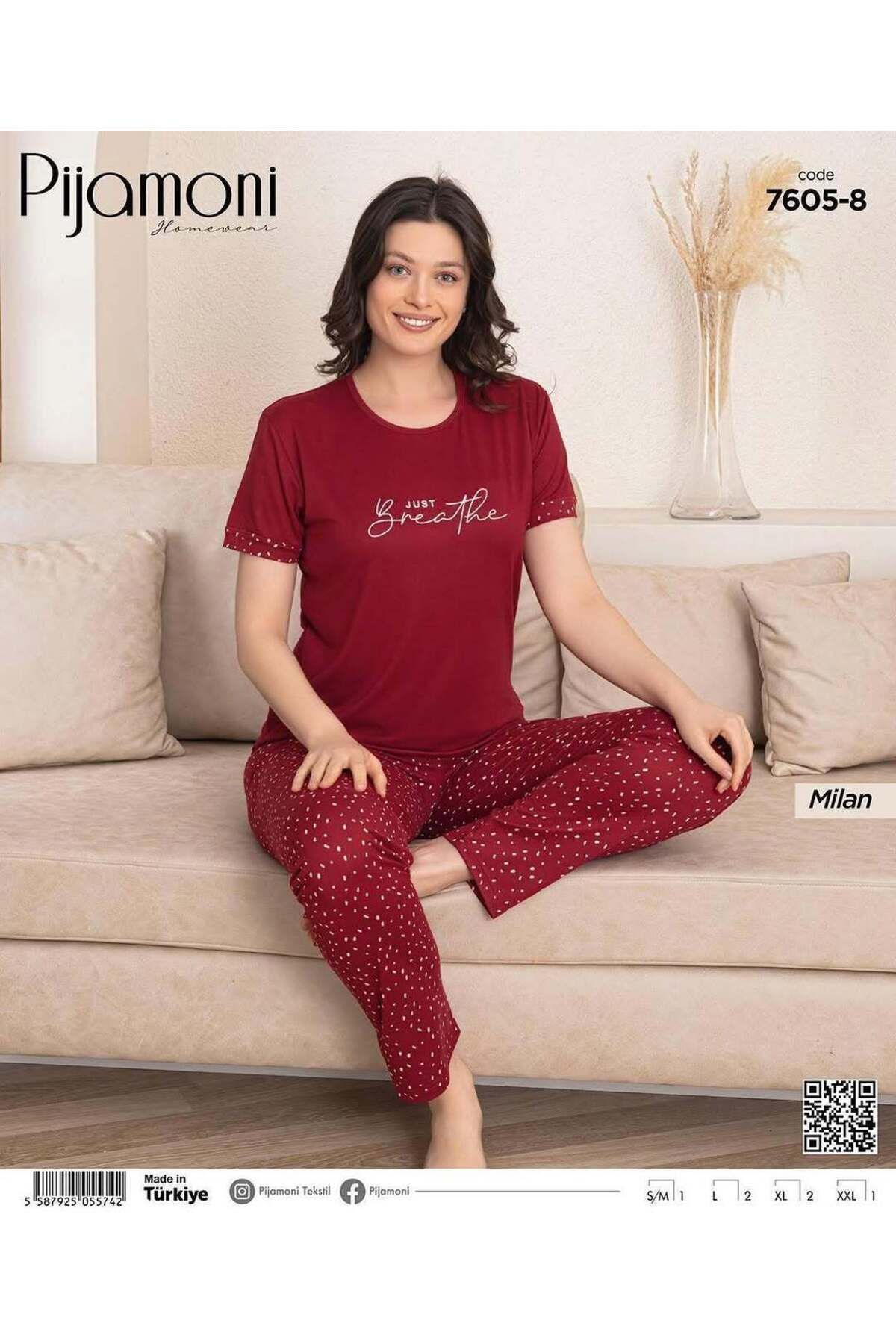 Pijamoni KADIN BORDO MODAL Kumaş Sıfır Yaka Kısa Kollu Pijama Takımı