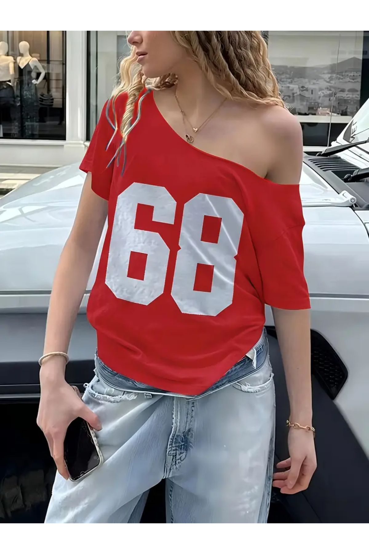 Keywest Kadın Kayık Yaka 68 Baskılı Oversize %100 Pamuk T-shirt