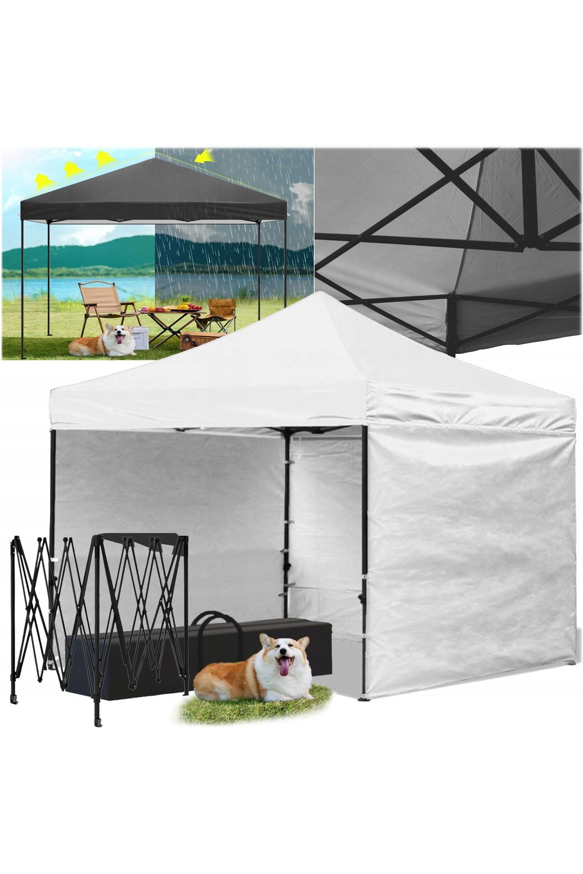 SERSIMO-Cort Tip Pavilion Cu 3 Pereti Laterali, Structura Solida Otel, 3x3 M Cu Inaltime Reglabila, Alb 8