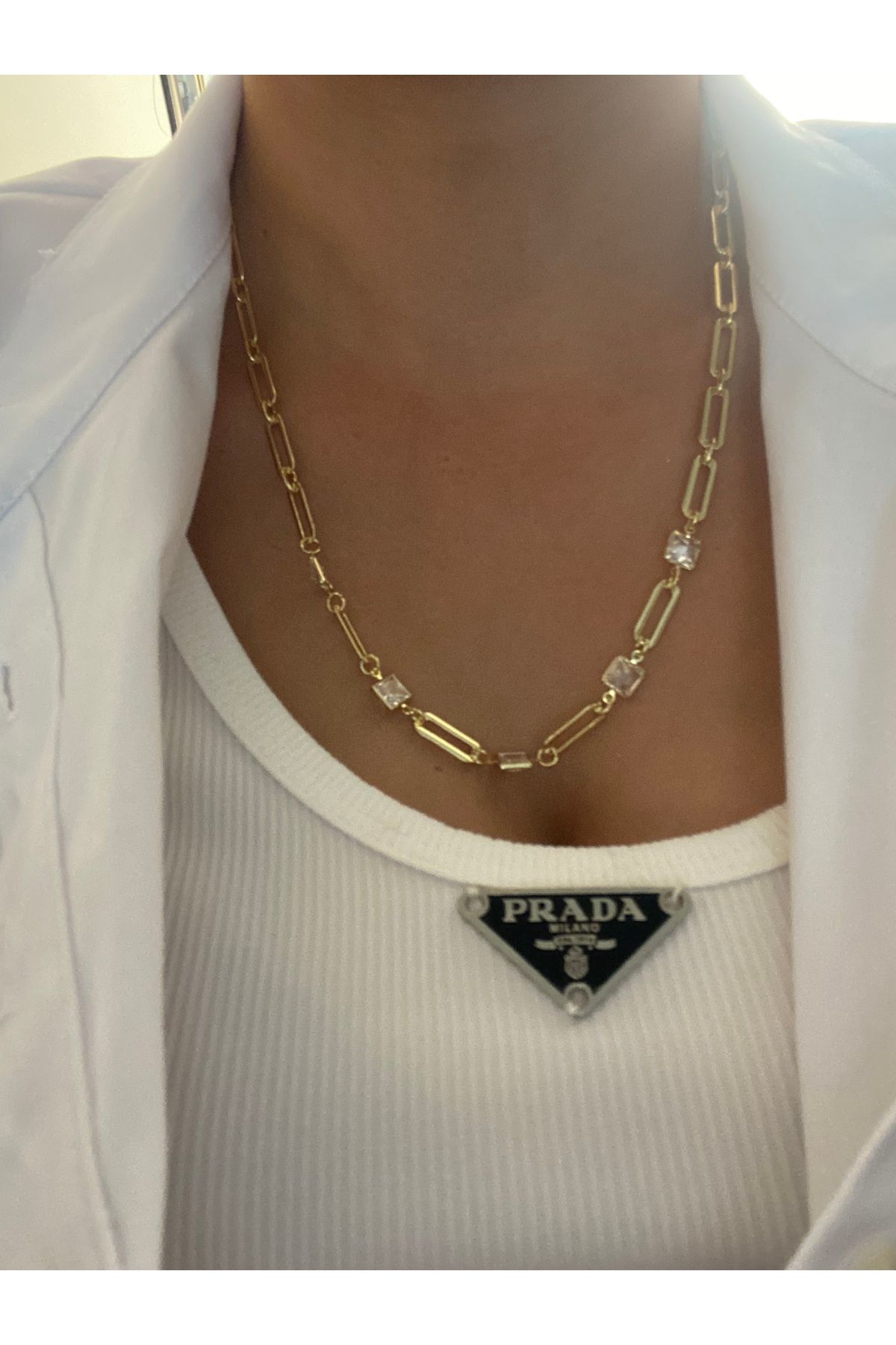 Byoz store 14k altın kaplama çelik zincir taşlı kolye
