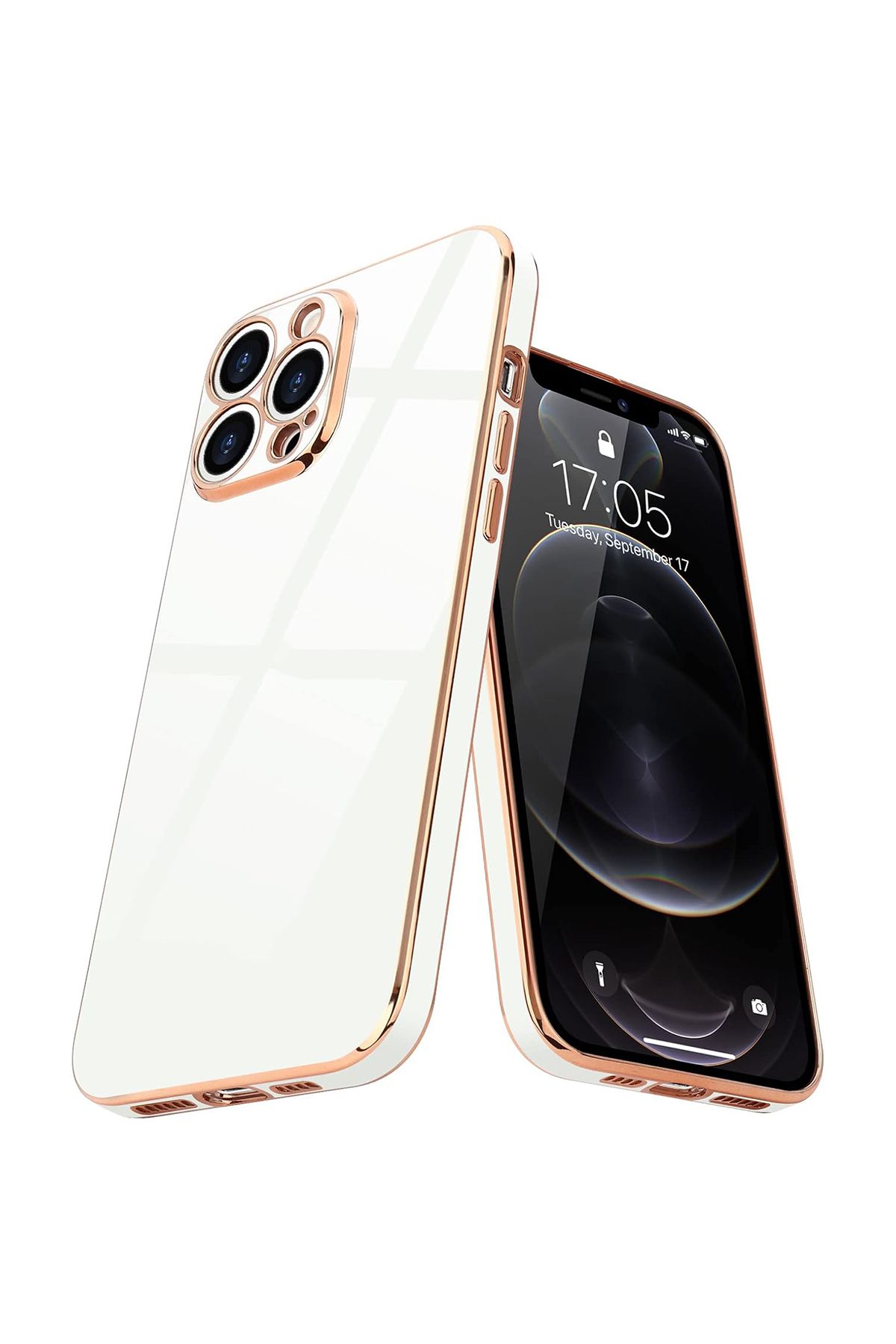 Merwish iPhone 12 Pro Uyumlu Lazer Kesim Gold Çerçeve Beyaz Kapak Kılıf