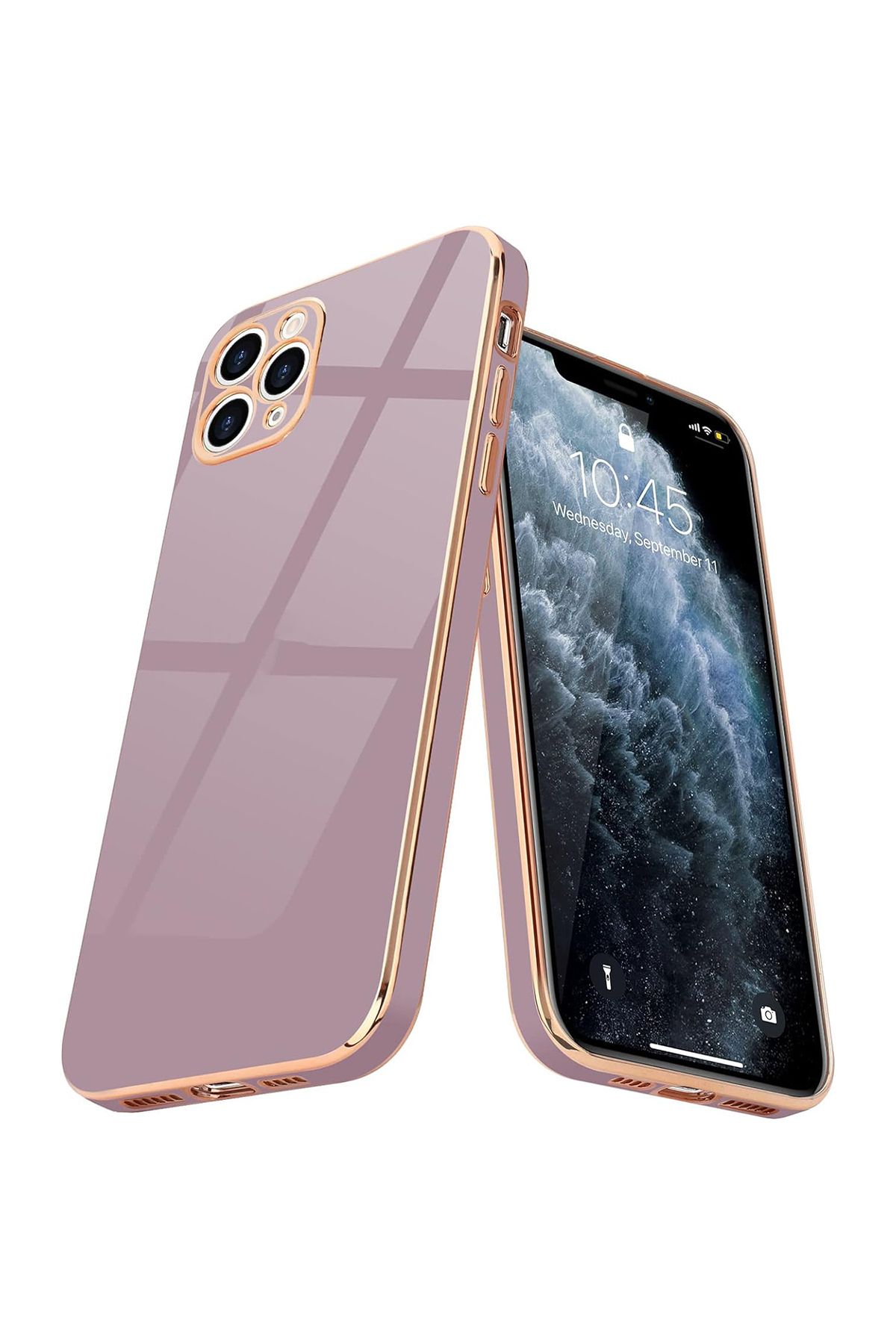 Merwish iPhone 11 Pro Max Uyumlu Lazer Kesim Gold Çerçeve Mor Kapak Kılıf