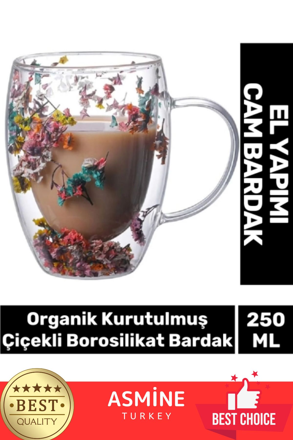 Örensa Özel El Yapımı Sıcak Soğuk Dayanıklı Süslü Organik Çiçekli Borosilikat Cam Handmade Bardak 250ml