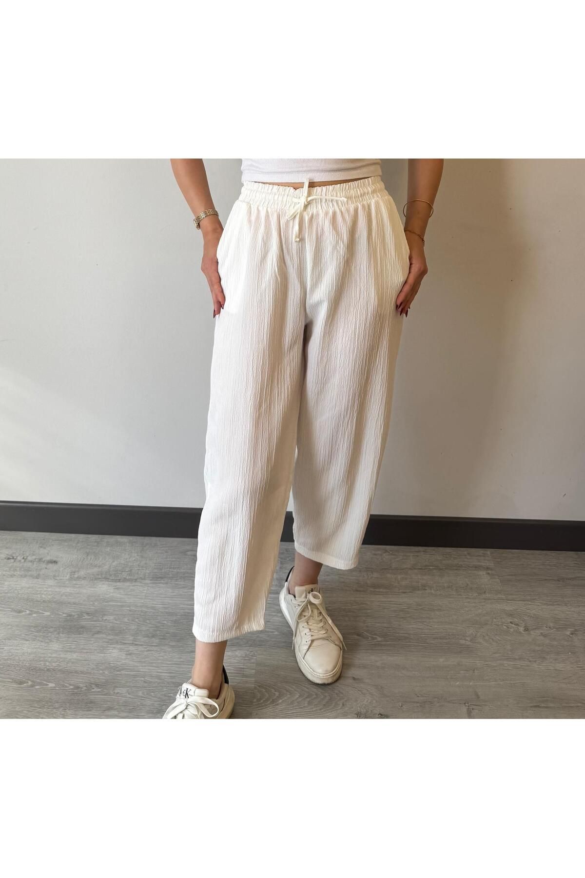 MODA Kadın Büzgülü Lastikli Pantolon - Rahat Günlük Salaş Model