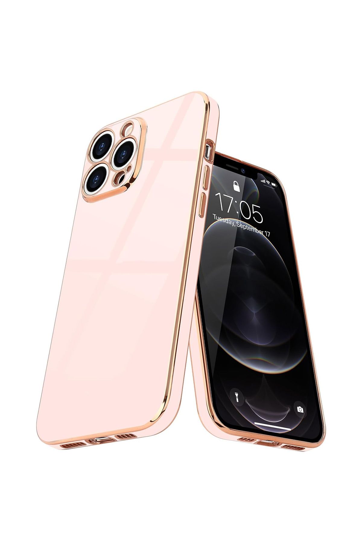 Merwish iPhone 12 Pro Uyumlu Lazer Kesim Gold Çerçeve Pembe Kapak Kılıf