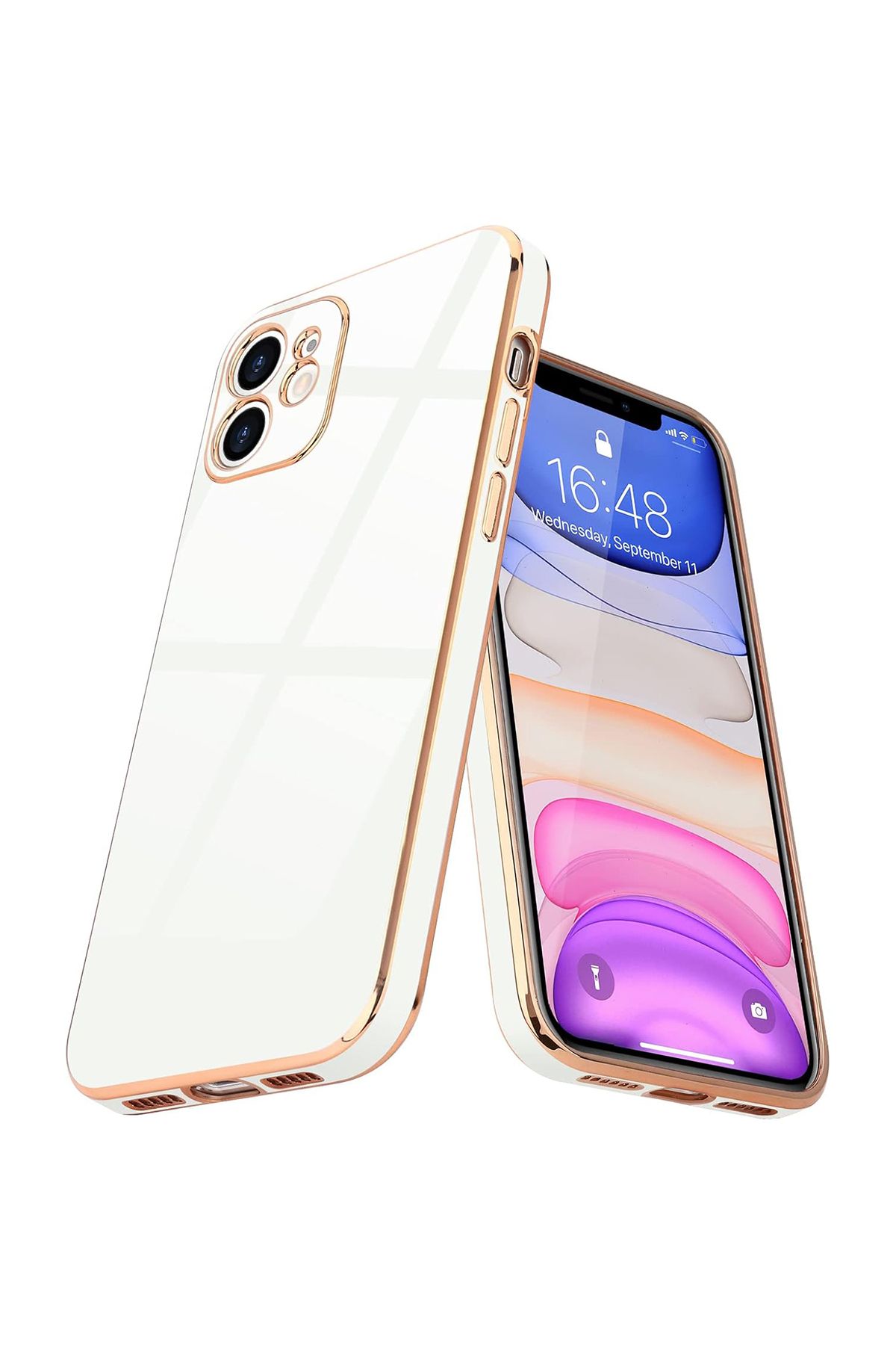 Merwish iPhone 12 Uyumlu Lazer Kesim Gold Çerçeve Beyaz Kapak Kılıf