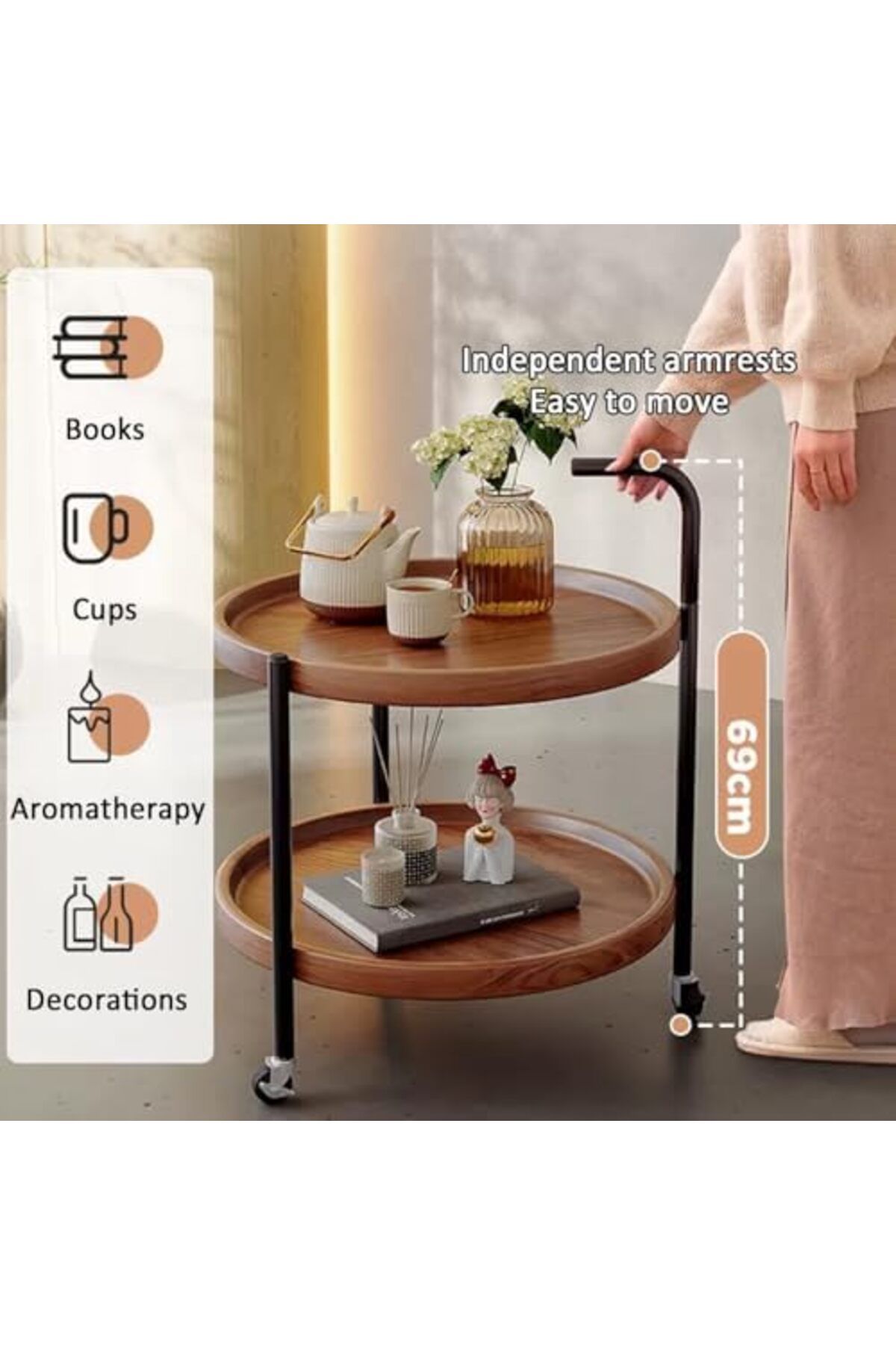 Generic-Round Coffee Table with Rolling Wheels, Movable End Table/Bedside Table, 2 Layers Small Trolley for 3