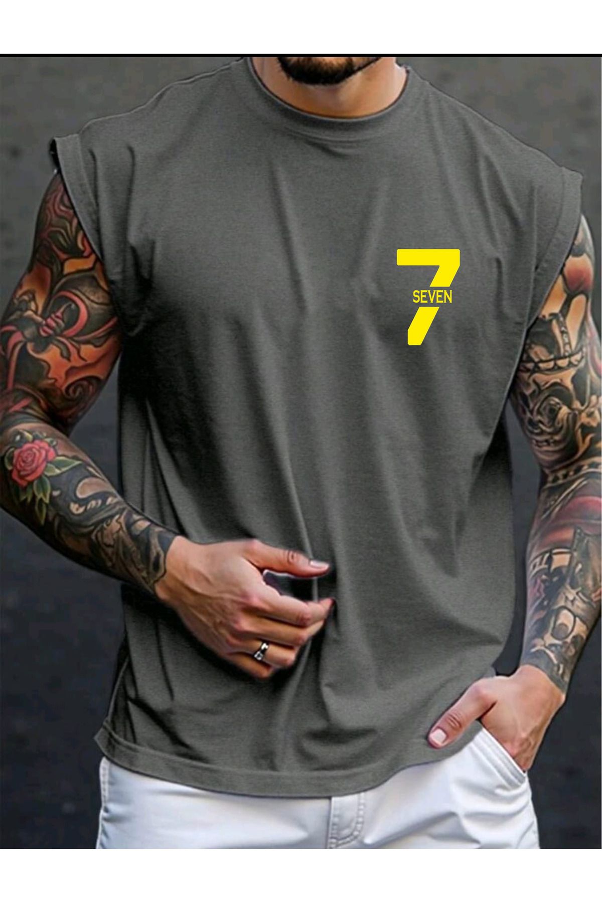 FAVORİST 7 Seven Baskılı Kolsuz tshirt Erkek Sıfır Kol Giyim Spor Giyim Oversize T-SHİRT
