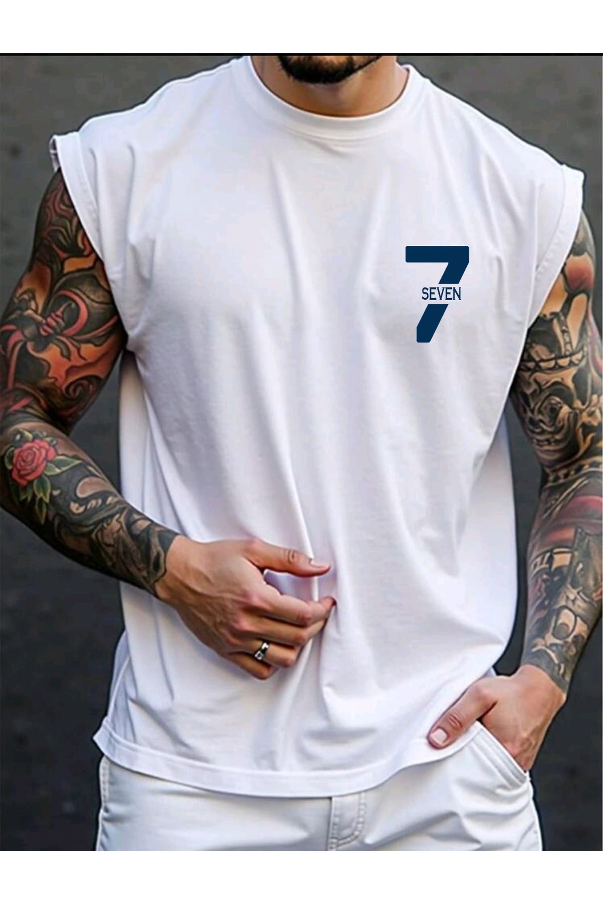 FAVORİST 7 Seven Baskılı Kolsuz tshirt Erkek Sıfır Kol Giyim Spor Giyim Oversize T-SHİRT