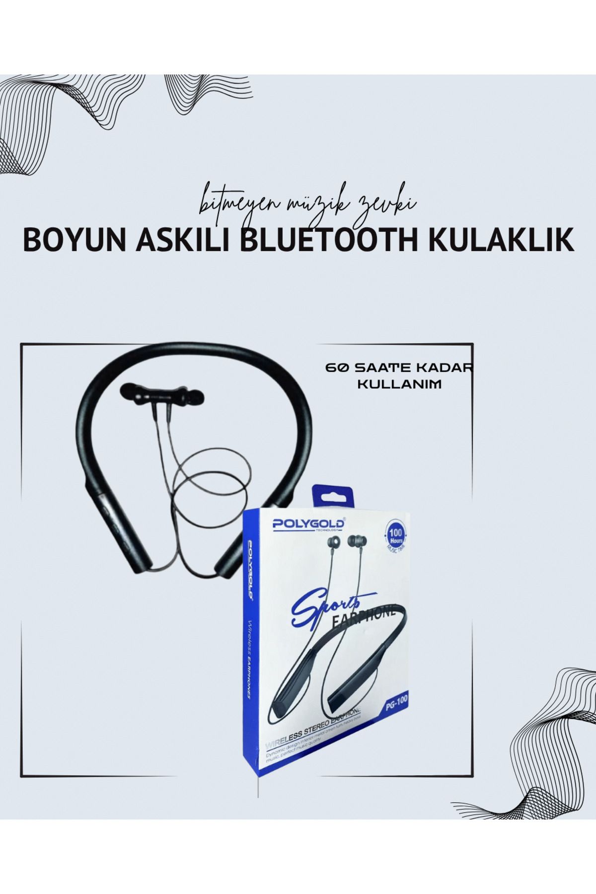 FTA TİCARET Polygold PG-100 Boyun Askılı Kablosuz Kulaklık – 200 Saat Bekleme Süresi, Stereo Ses, Mikrofonlu