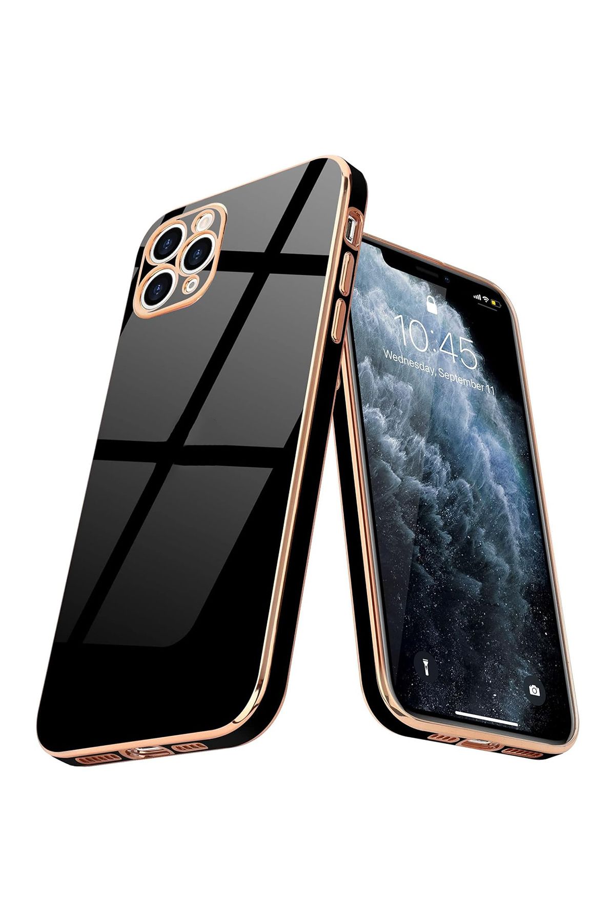Merwish iPhone 11 Pro Max Uyumlu Lazer Kesim Gold Çerçeve Siyah Kapak Kılıf