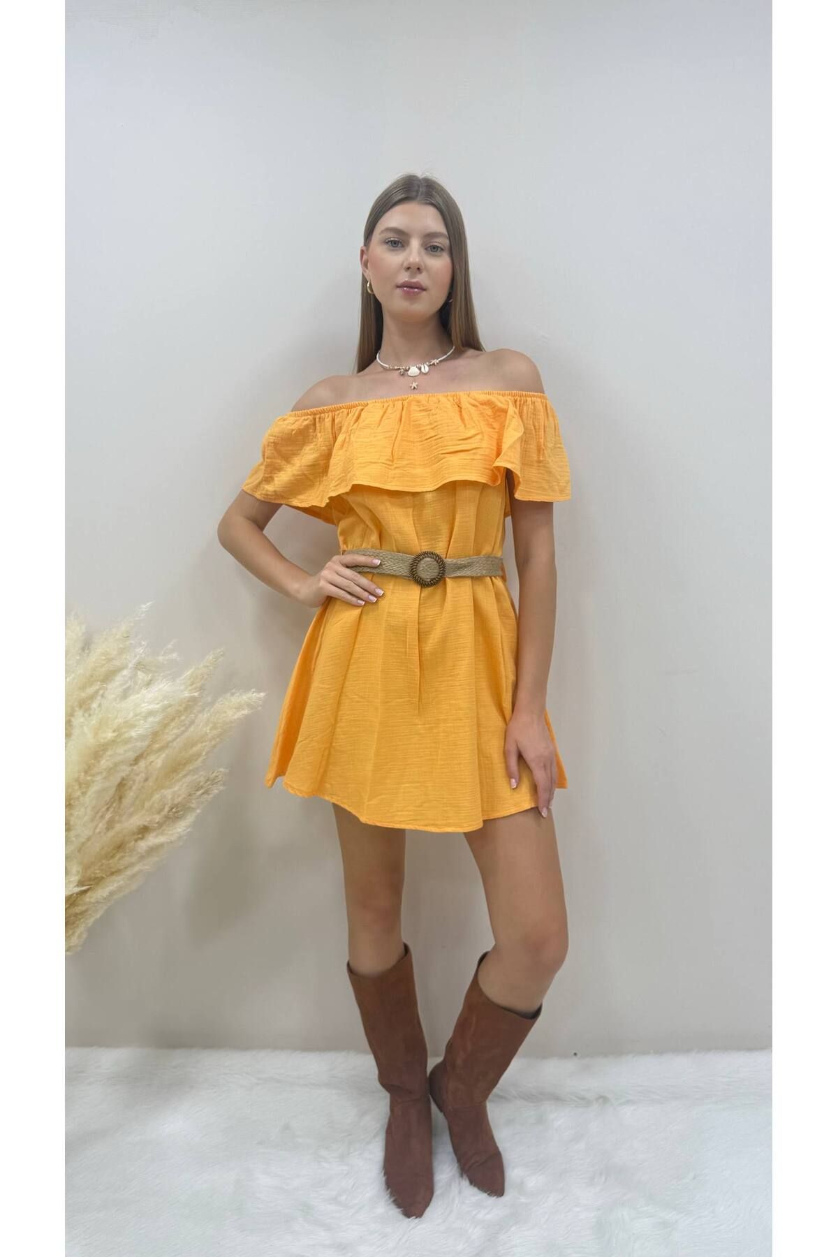 AsprinFashion HASIR KEMERLİ KETEN ELBİSE TURUNCU
