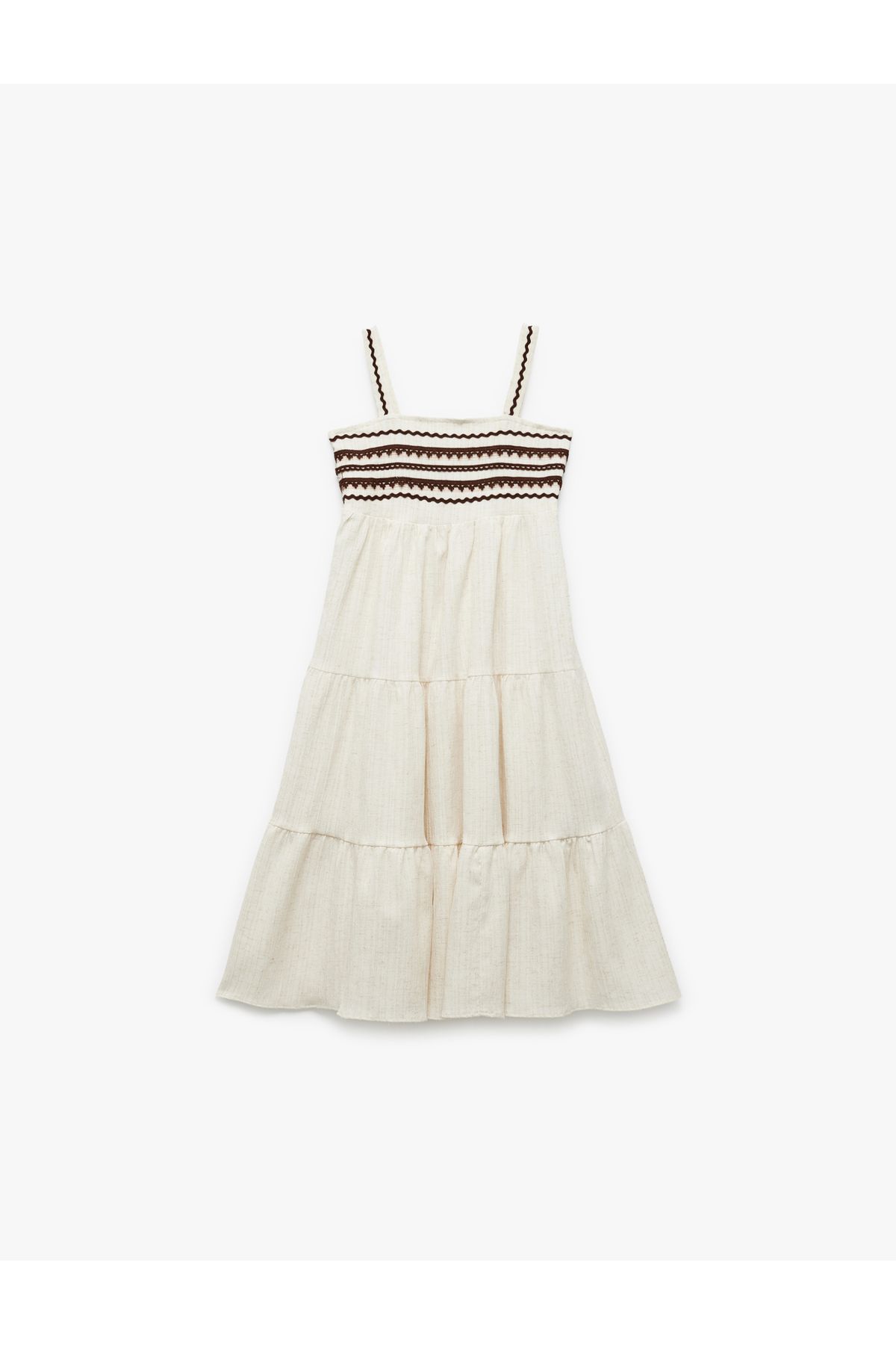 Koton-New Season Viscose Linen Blended Loose Fit Layered Square Neck Strap Long Dress 1