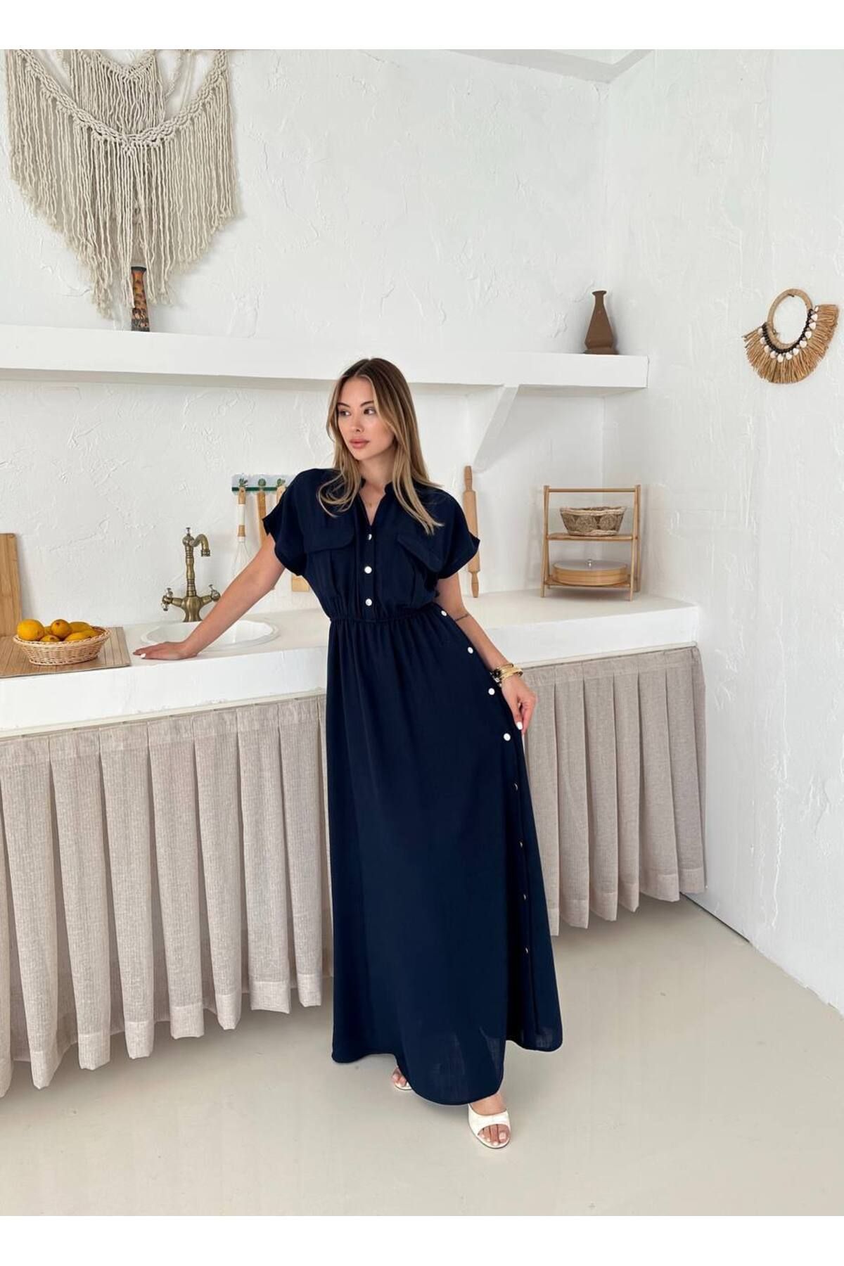 Moda Alkoç Kadın Keten Yırtmaç Çakımlı Elbise