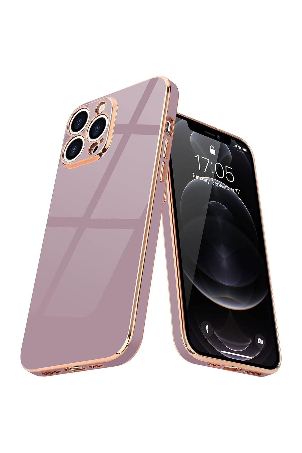 Merwish iPhone 12 Pro Uyumlu Lazer Kesim Gold Çerçeve Mor Kapak Kılıf