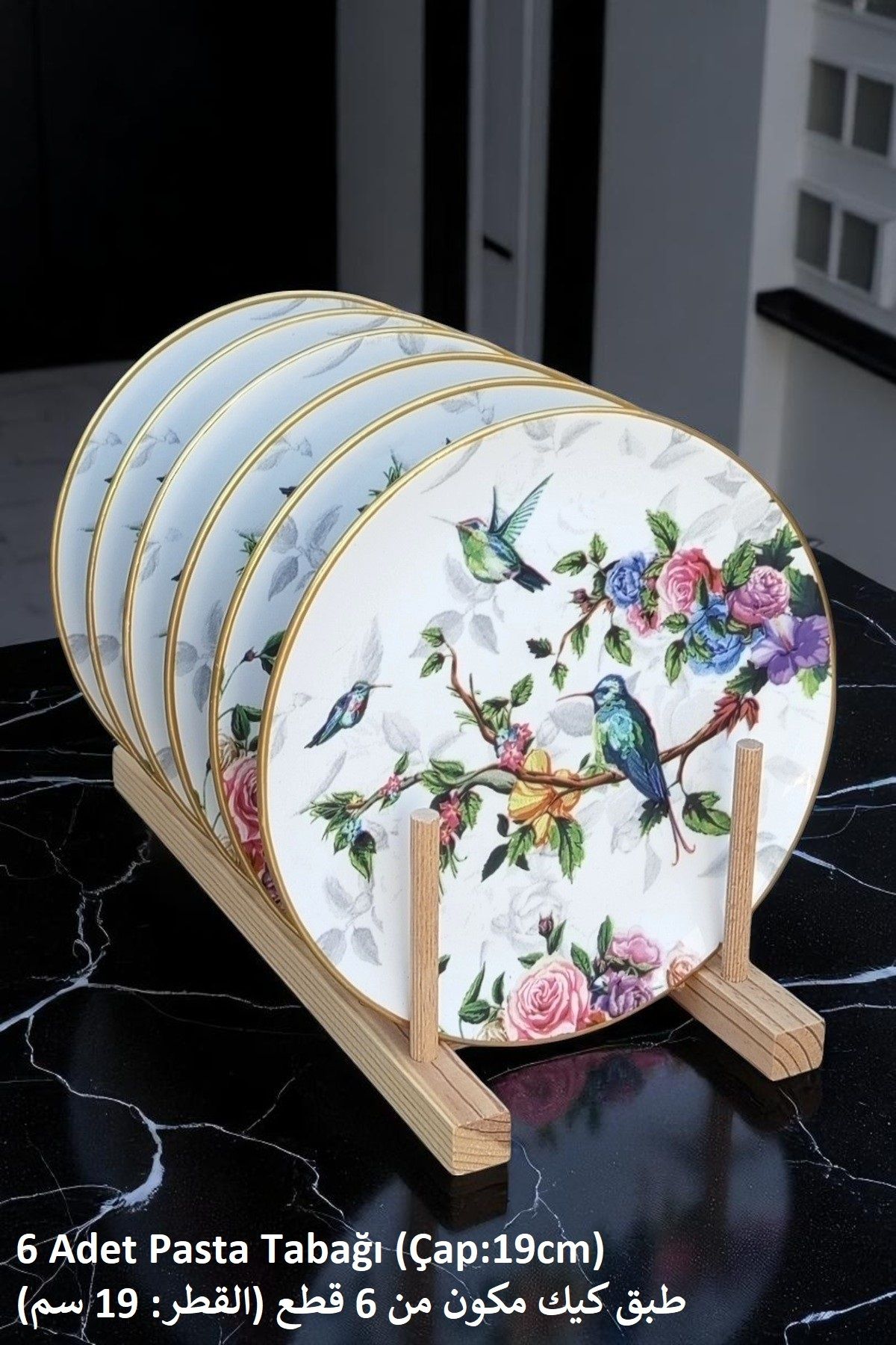 Pinkev 6 Kişilik Seramik Pasta Tatlı Tabağı Seti - Kuşlu Desen