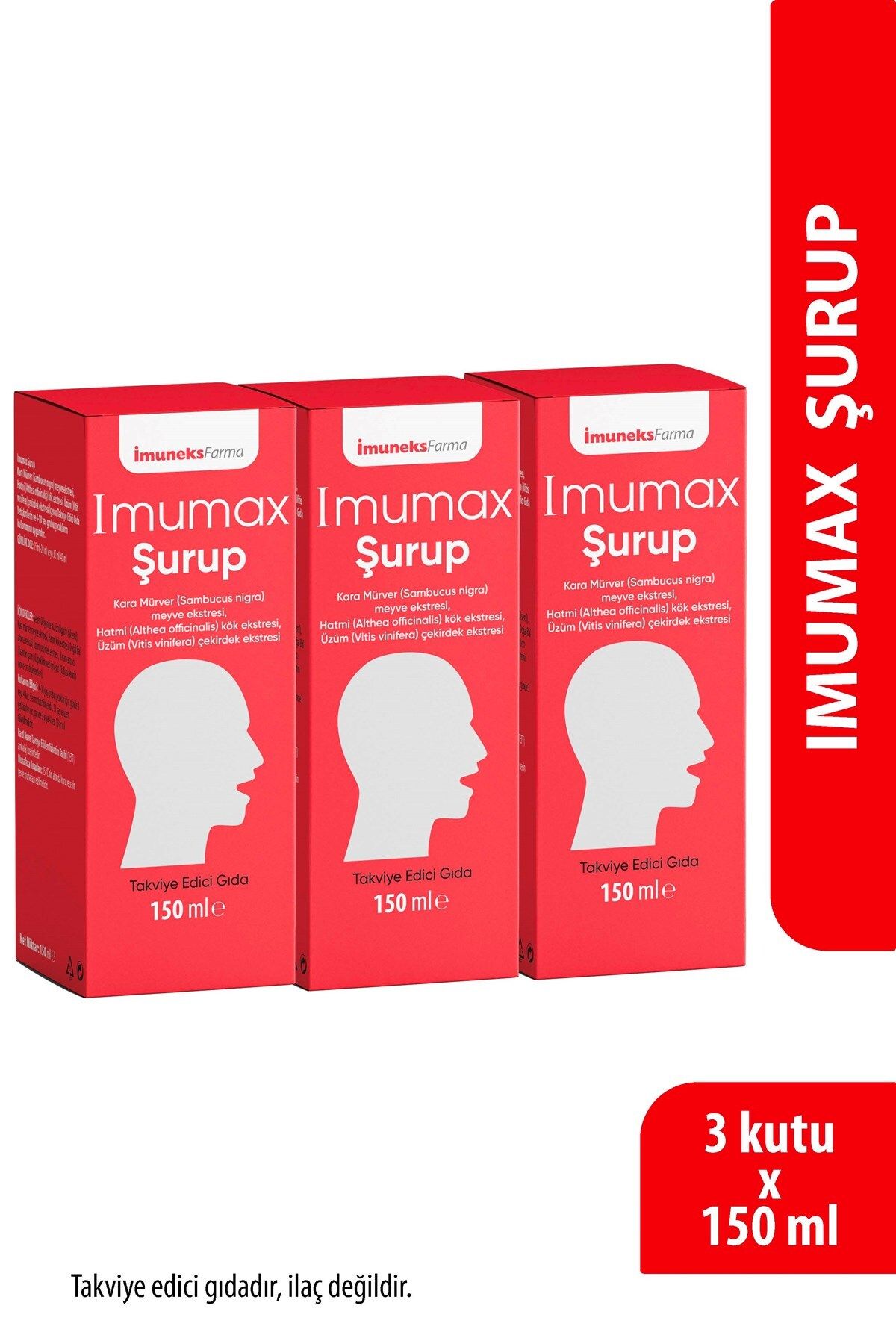 Imuneks Farma Imumax Şurup Kara Mürver Meyve,Hatmi Kök,Üzüm Çekirdek Eks. İçeren Takviye Edici Gıda 150ml x3 Adet