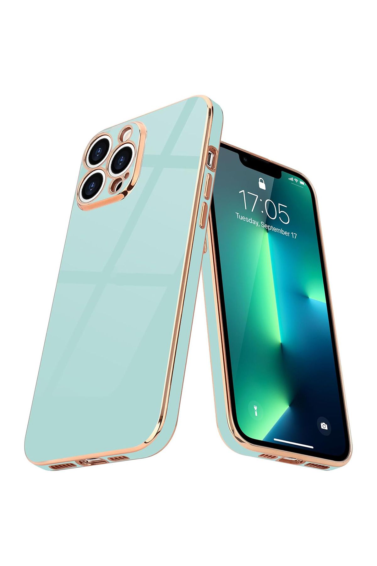 Merwish iPhone 12 Pro Uyumlu Lazer Kesim Gold Çerçeve Yeşil Kapak Kılıf