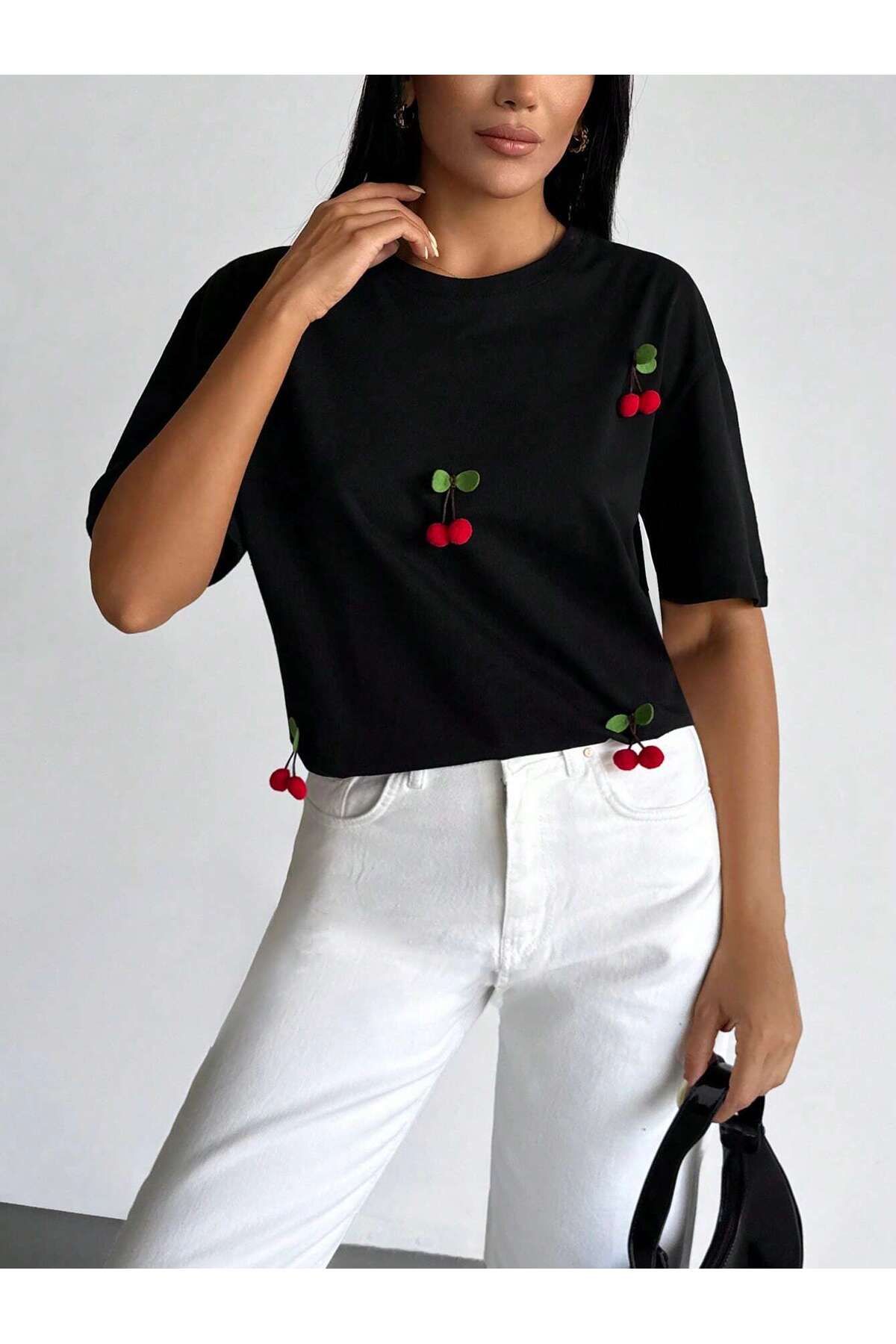 VHTMODA Oversize kiraz detaylı Rahat Kesim T-shirt
