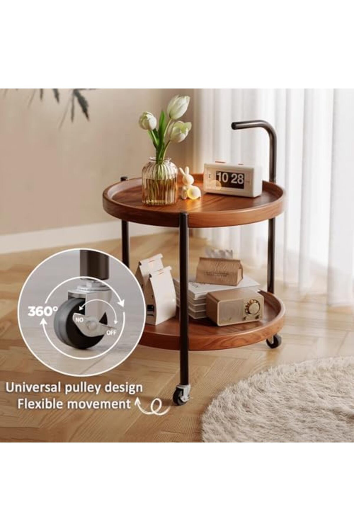 Generic-Round Coffee Table with Rolling Wheels, Movable End Table/Bedside Table, 2 Layers Small Trolley for 5