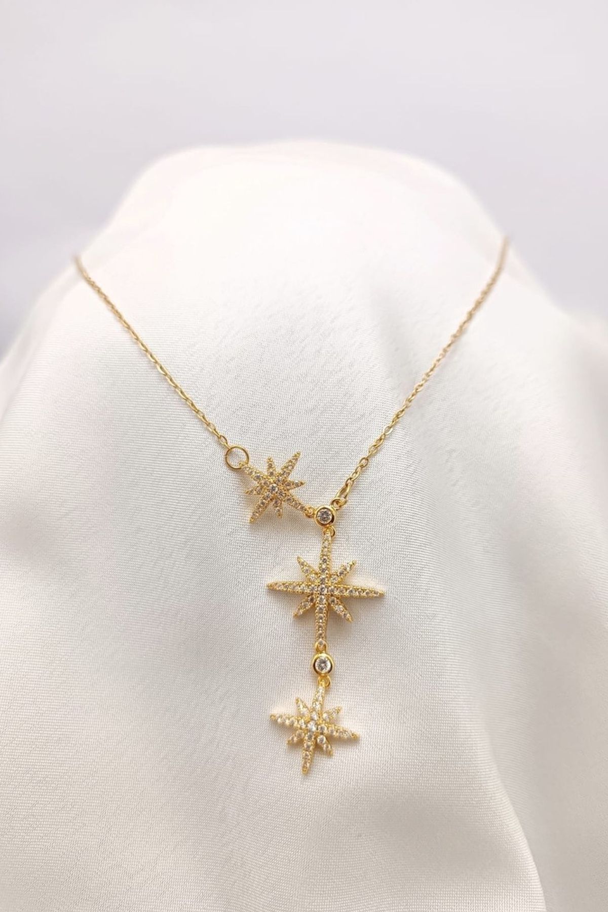 fk studio design Çelik Zirkon Taşlı Kutup Yıldızı Gold Kolye