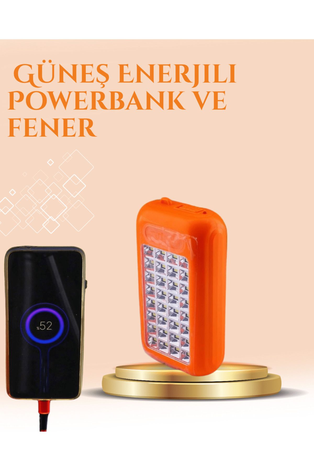 FTA TİCARET Gold Silver Güneş Enerjili Powerbank Işıldak – 10000 mAh, Taşınabilir, Suya Dayanıklı, 32 LED