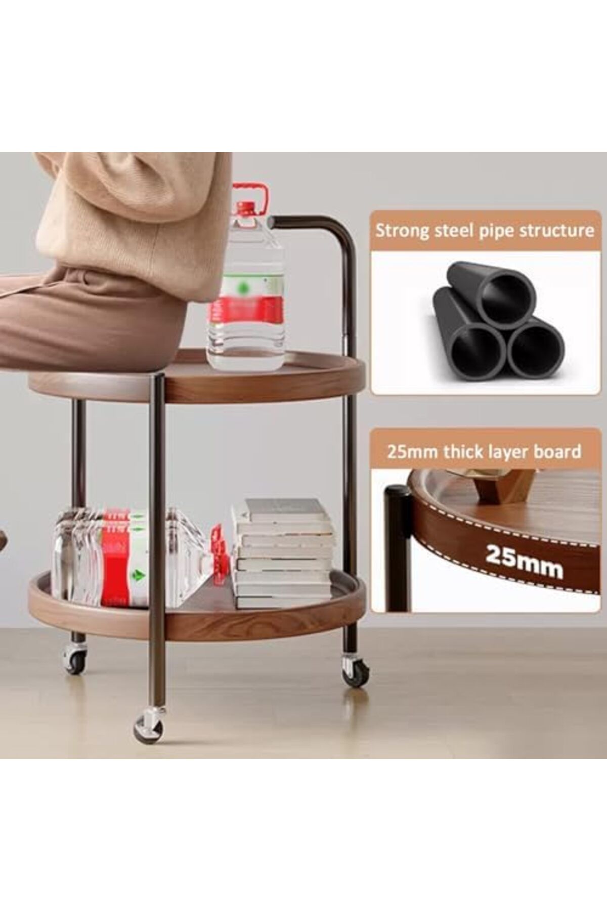 Generic-Round Coffee Table with Rolling Wheels, Movable End Table/Bedside Table, 2 Layers Small Trolley for 4