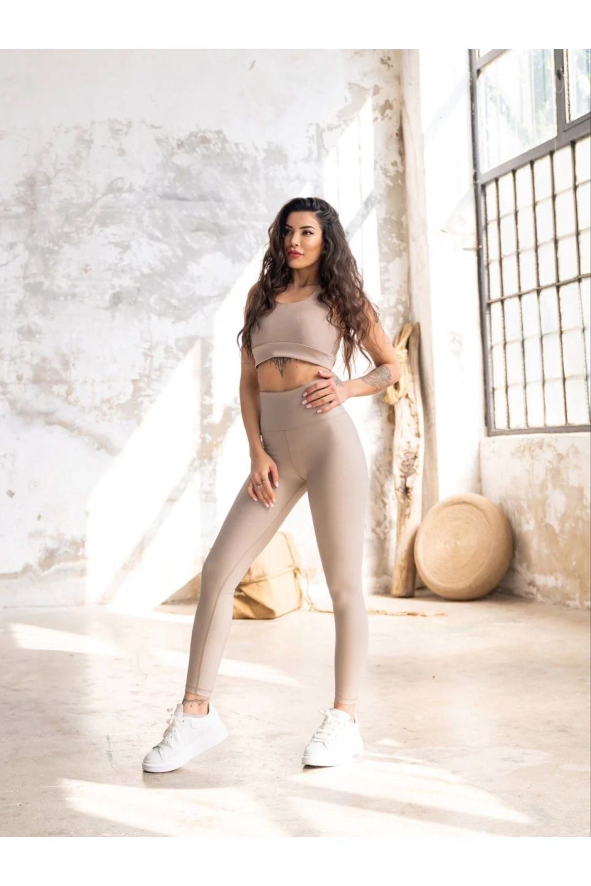 TÜKATO Kadın Bej Yüksek Bel Toparlayıcı Tayt Yüksek Kalite Spor Ve Günlük Kullanım Tayt Yoga Pilates Tayt