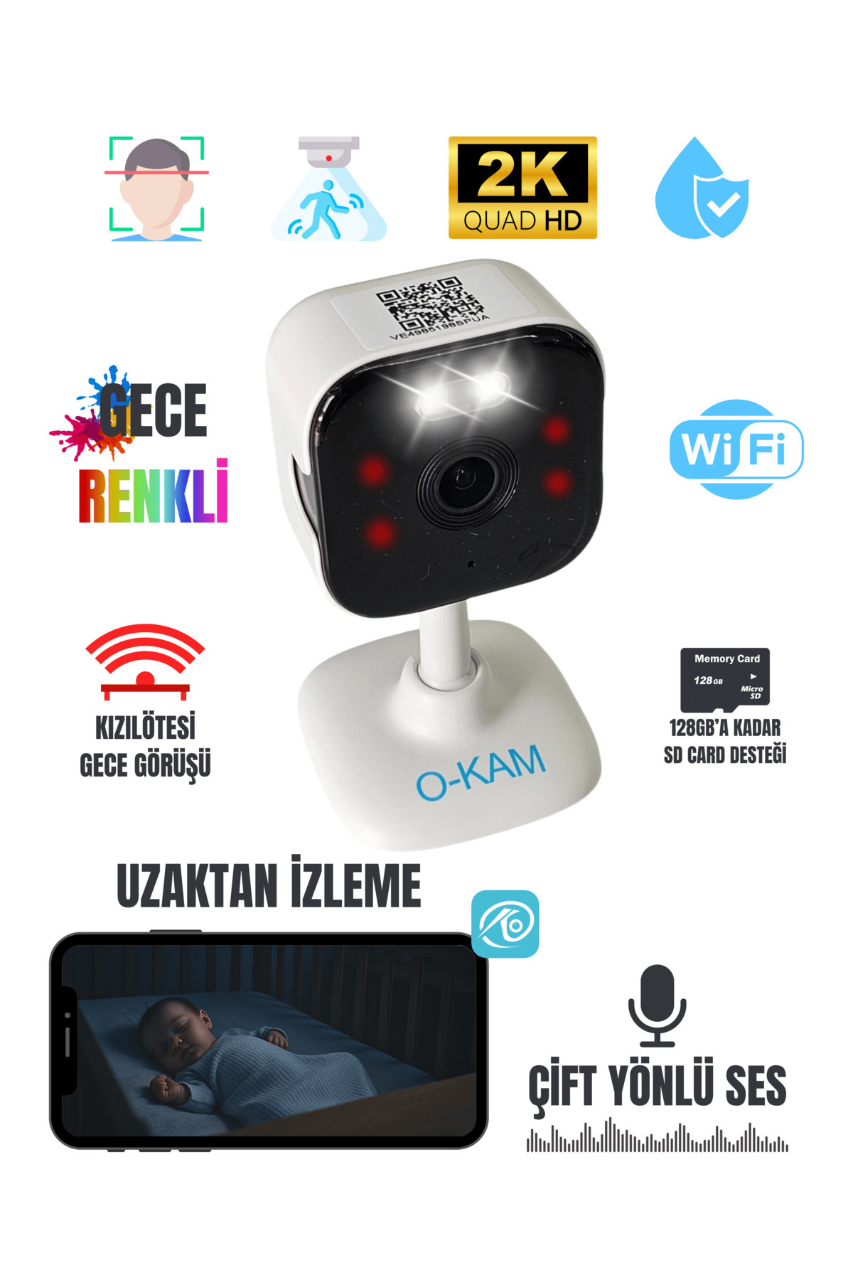 O-KAM 2K Bebek Kamerası WiFi 3MP Gece Renkli Çift Yön Ses Hareket Algılama SD Kartlı