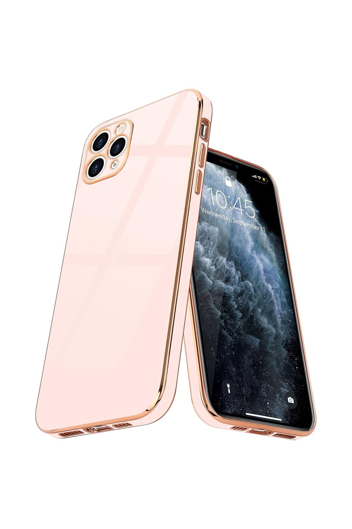 Merwish iPhone 11 Pro Max Uyumlu Lazer Kesim Gold Çerçeve Pembe Kapak Kılıf
