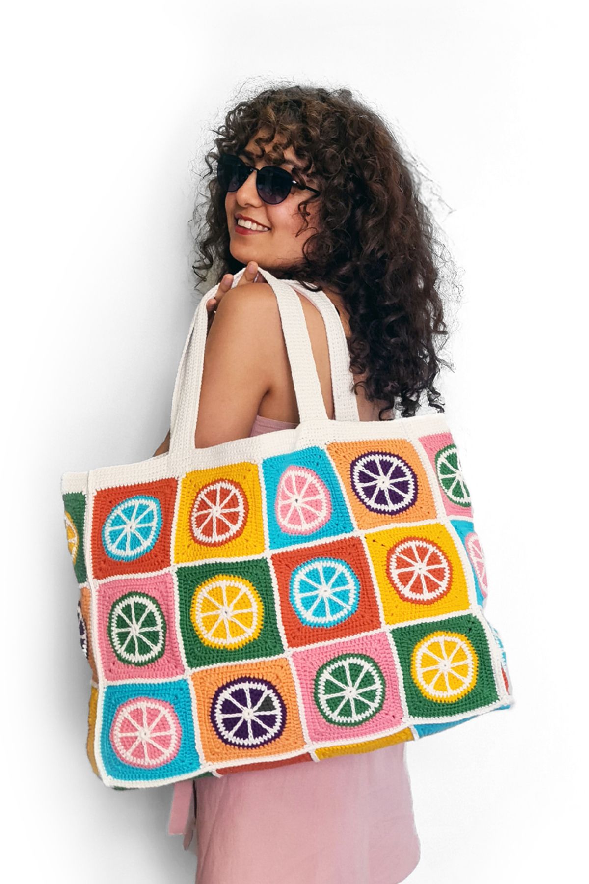 Zone Design Store El Örgüsü Plaj Çantası | Limon Desenli Rengarenk Tasarım