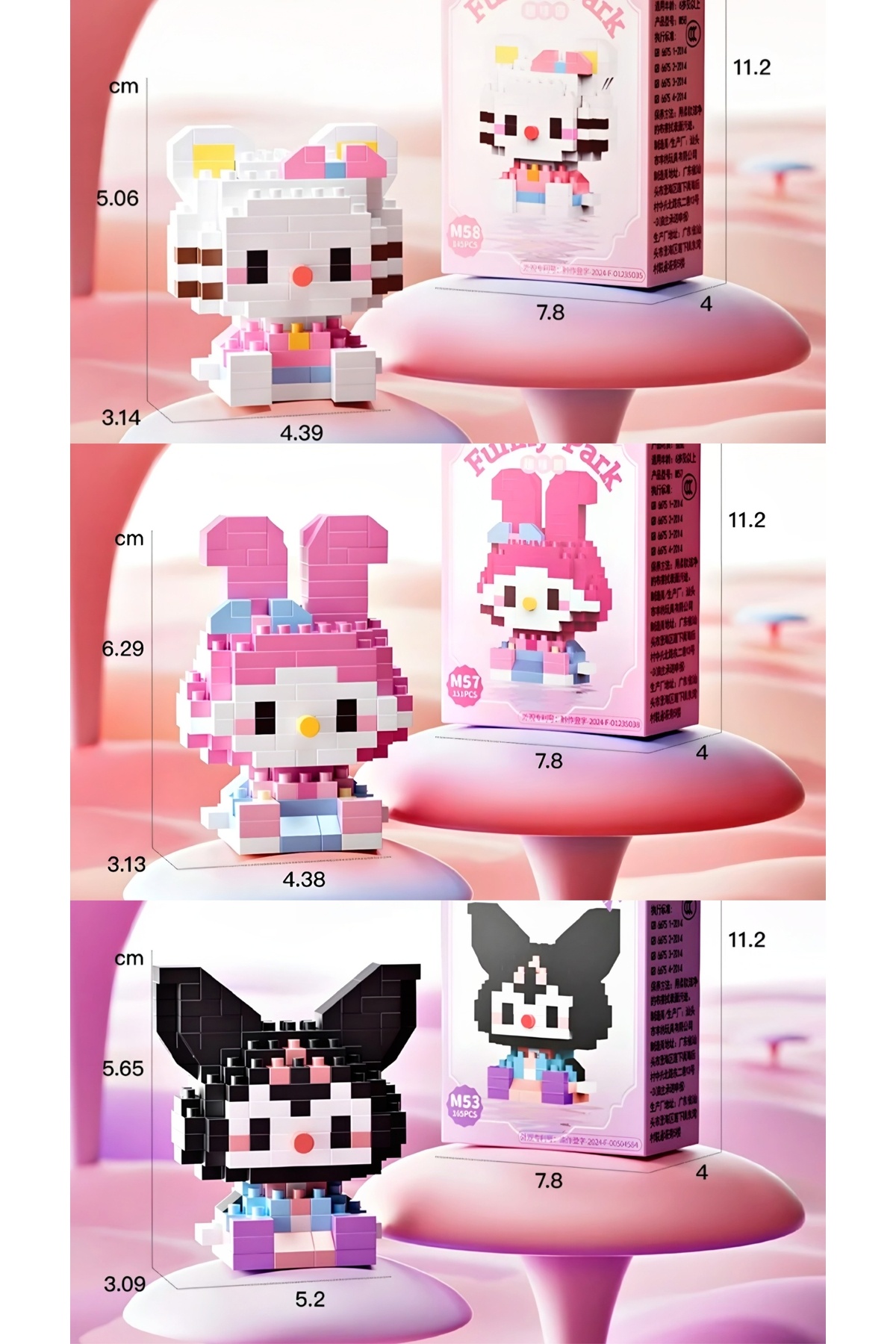 DEK BRICKS Premium Seri Yeni Stil Hello Kitty My Melody Kuromi 3'lü Set Hobi Koleksiyon