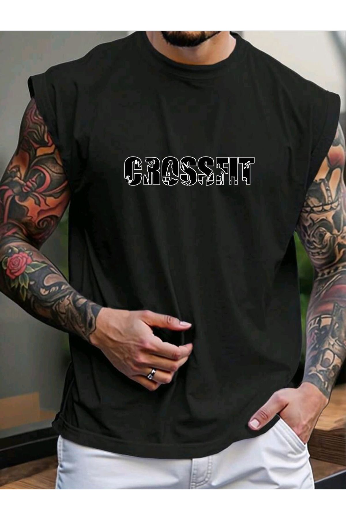 FAVORİST CROSSFIT Baskılı Kolsuz tshirt Erkek Sıfır Kol Giyim Spor Giyim Oversize T-SHİRT