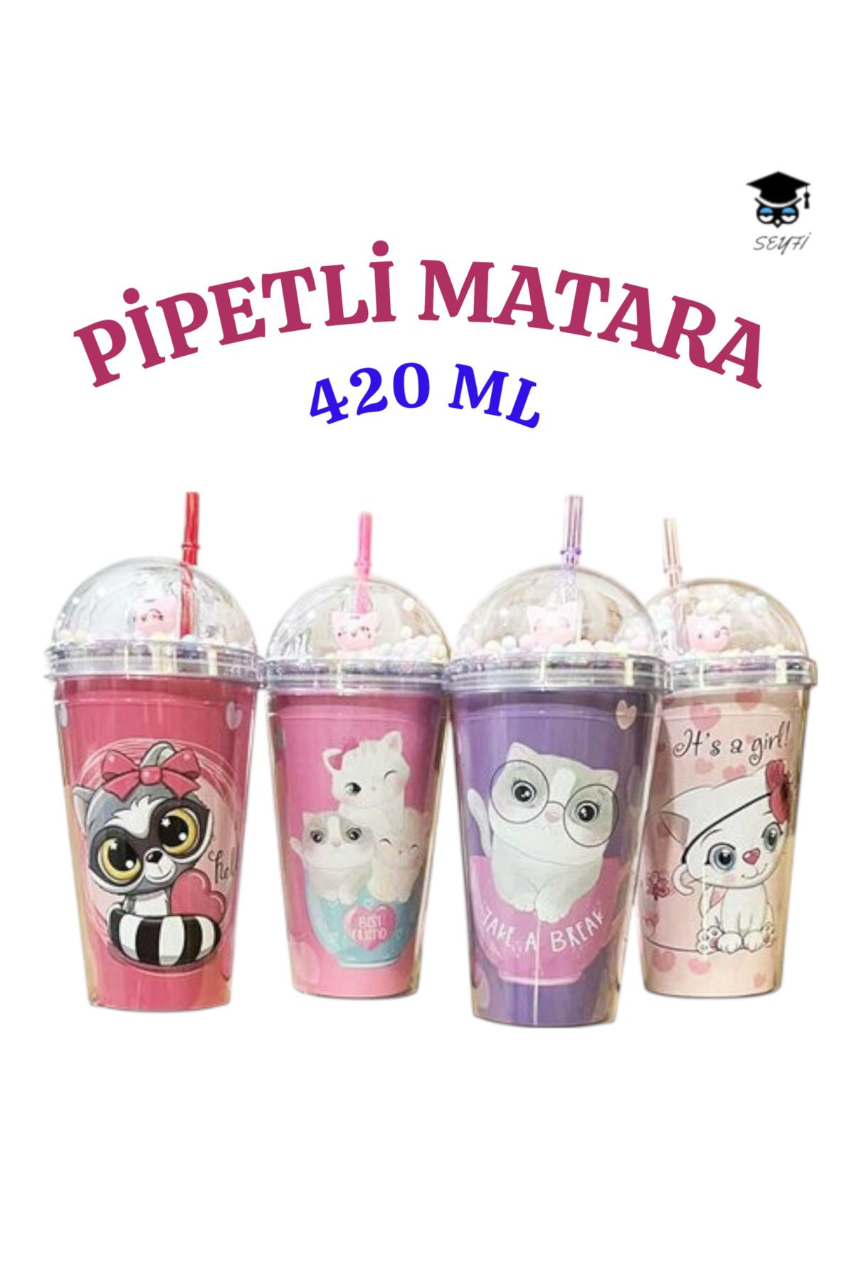SEYFİKİRTASİYE 1 adet Desenli plastik pipetli bardak 420ml karma renk yollanmaktadır