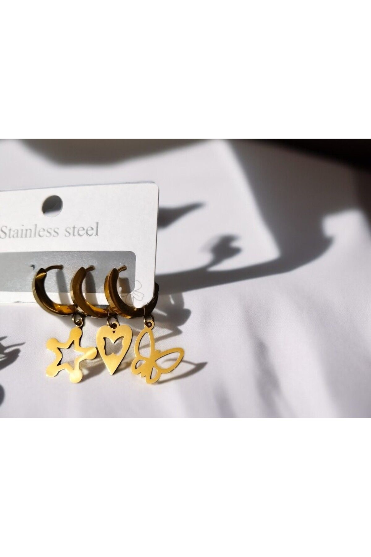 CLOVER JEWELRY Üçlü Gold Küpe Paslanmaz Çelik Küpe