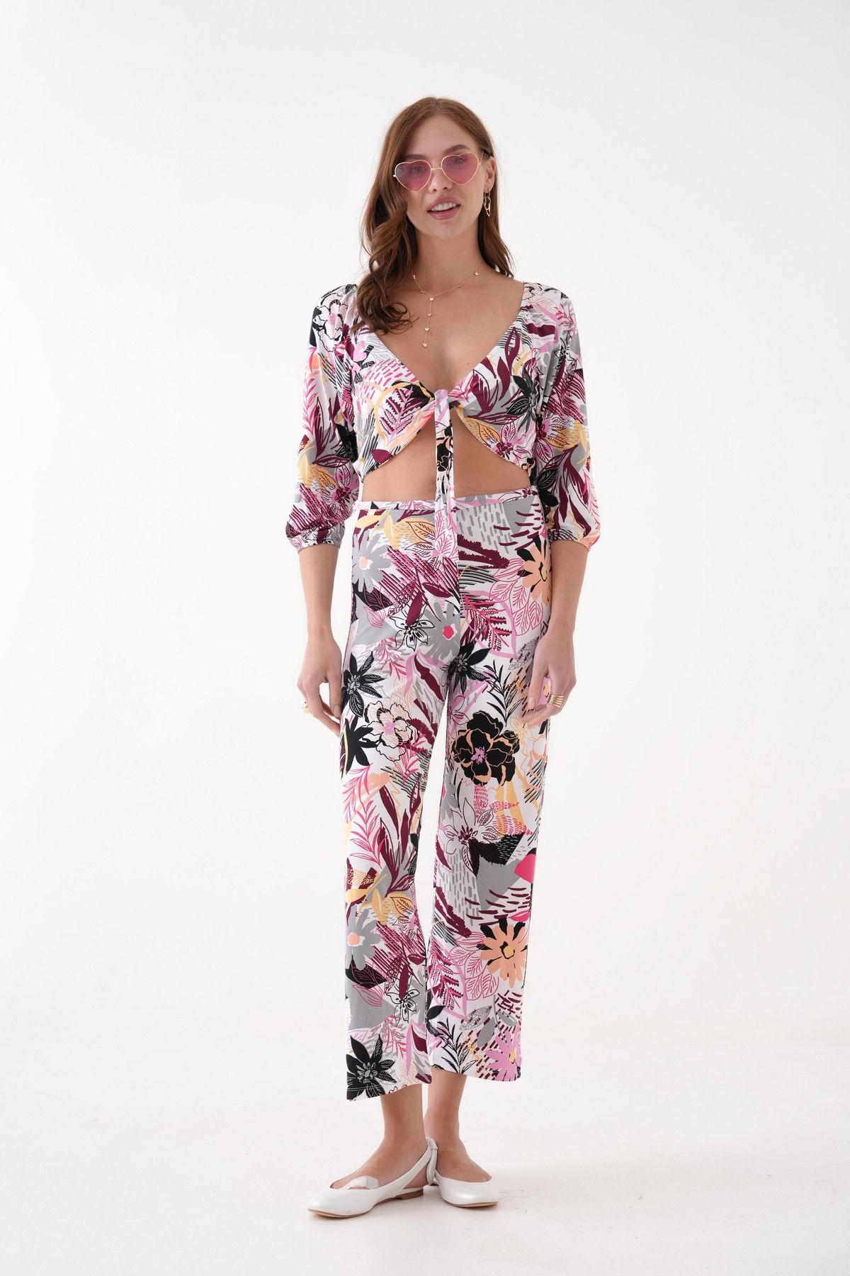 SHEMALL LUXURY Çiçek Desenli Crop Pantalon Pembe Penye İkili Takım 25525