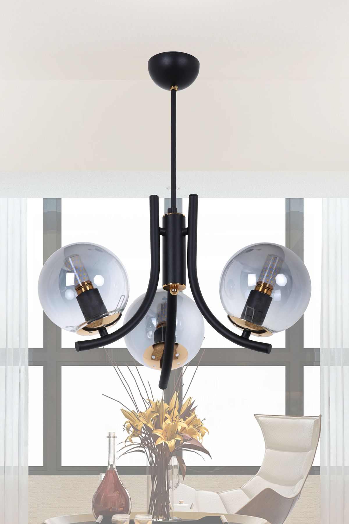 MŞ Aydınlatma Tetra Siyah Gold 3 Füme Camlı Avize