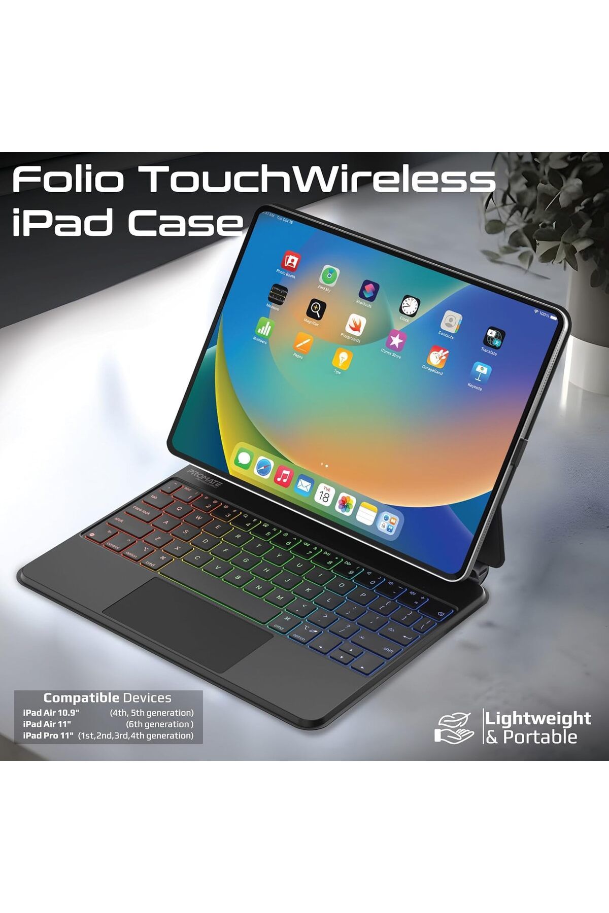 Promate-Foldable Wireless Keyboard for iPad with RGB Backlight and Multi-Function Touchpad, Smart Co 3