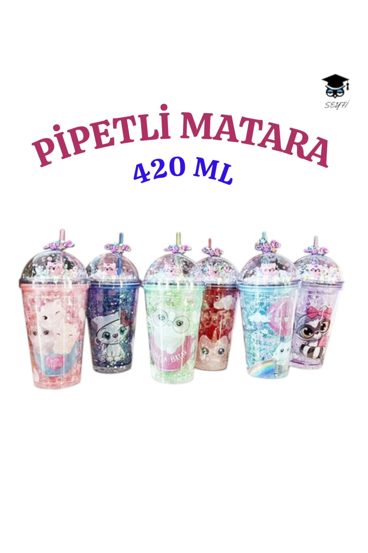 SEYFİKİRTASİYE 1 Adet Desenli Plastik Pipetli Bardak 420 ml Karma Renk Yollanmaktadır