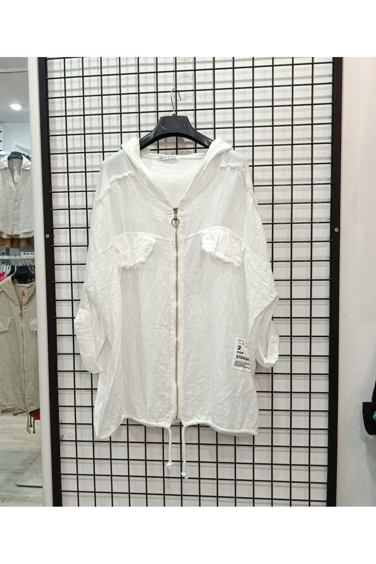 Butik Şans Kapüşonlu File Detaylı Fermuarlı İtalyan Keten Ceket