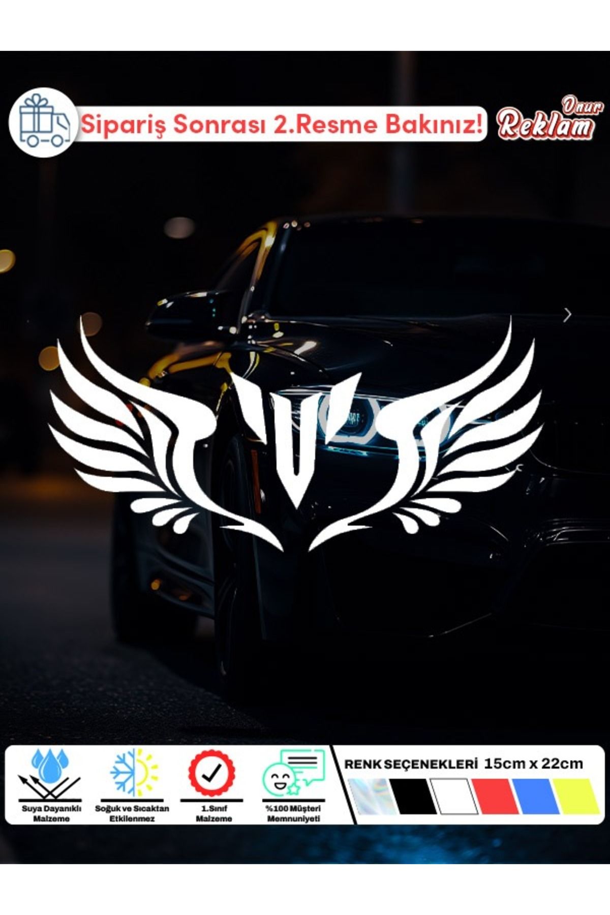 Onur Reklam V Harfi Kanat Desenli Araç Sticker – 15x22 cm – Suya Dayanıklı