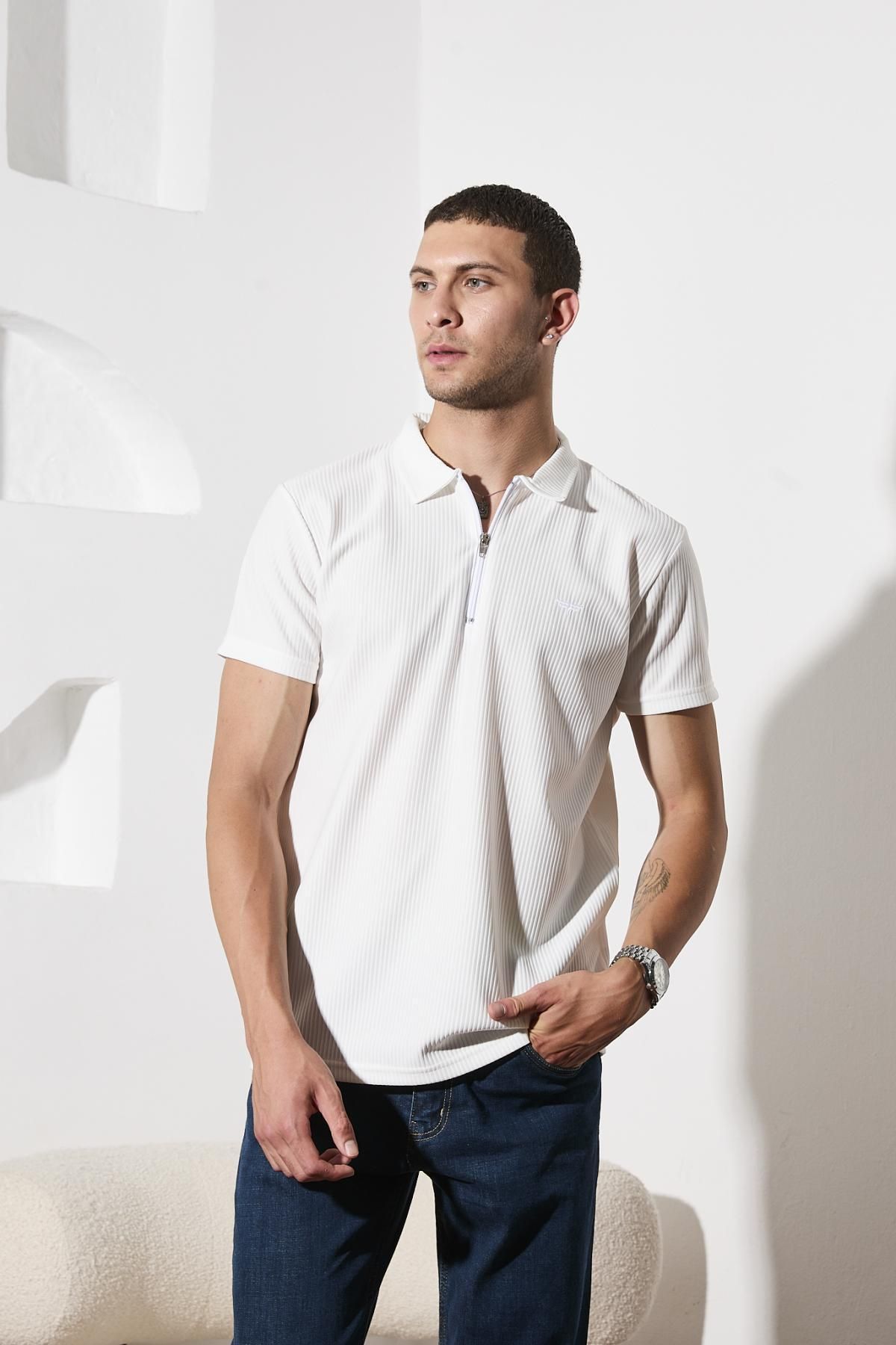 DAMGA JEANS Erkek Kısa Kol Fermuarlı Beyaz Polo Yaka Tişört