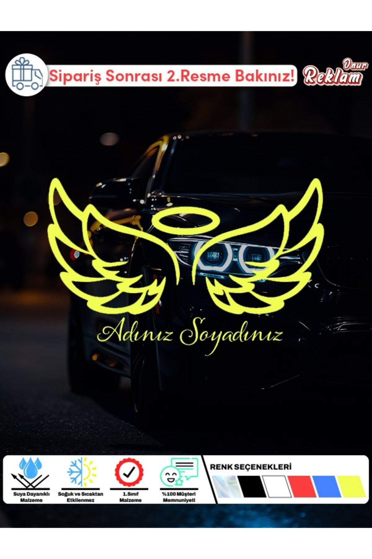 Onur Reklam Kişiye Özel Melek Kanadı Araç Sticker – İsim Yazılabilir – 15x22 cm